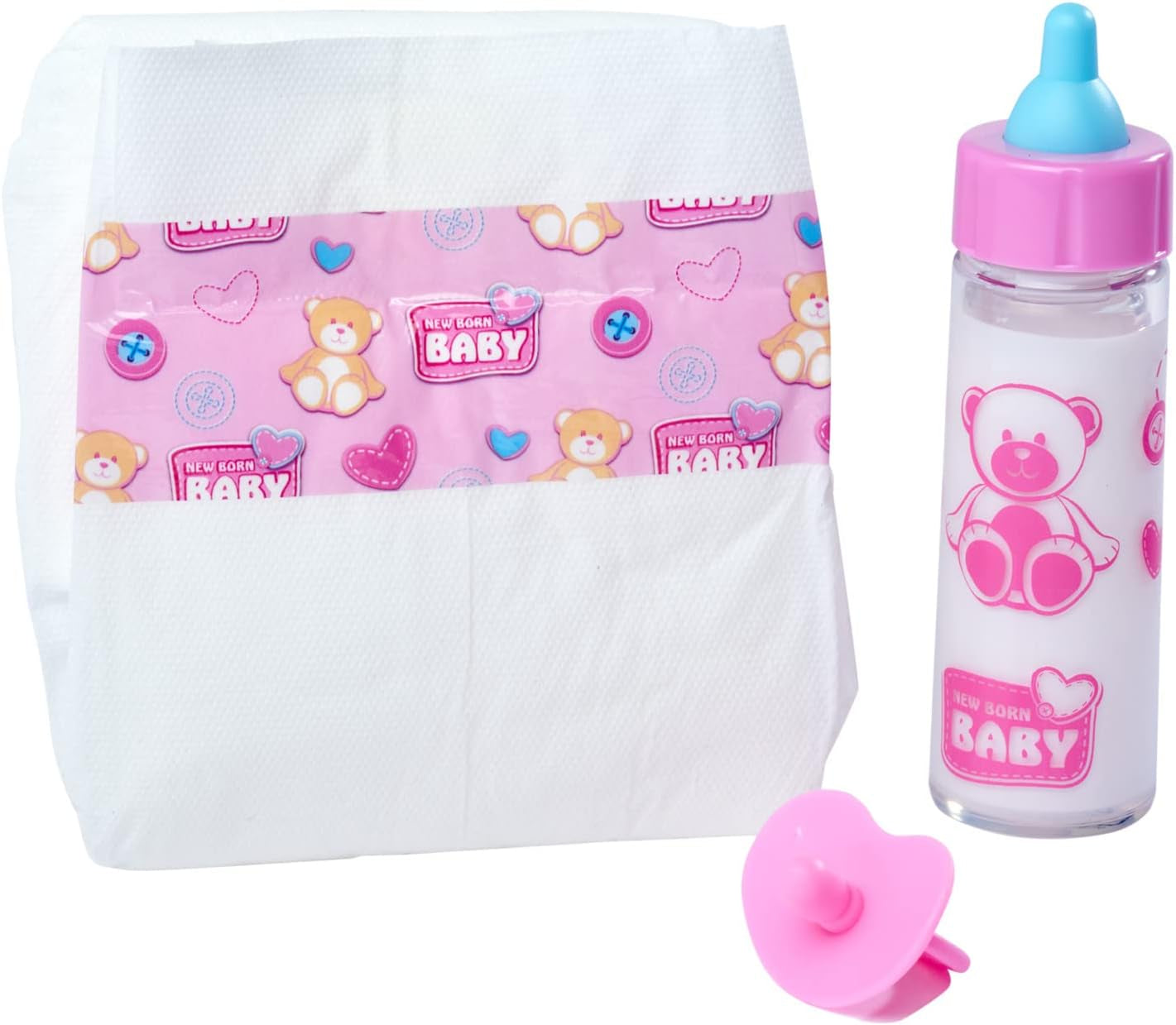 Simba 105562487 - Set de primera lactancia para recién nacido, chupete, pañal y biberón con contenido que desaparece, para muñecas de 38-43cm Naty Shop Dolls Default
