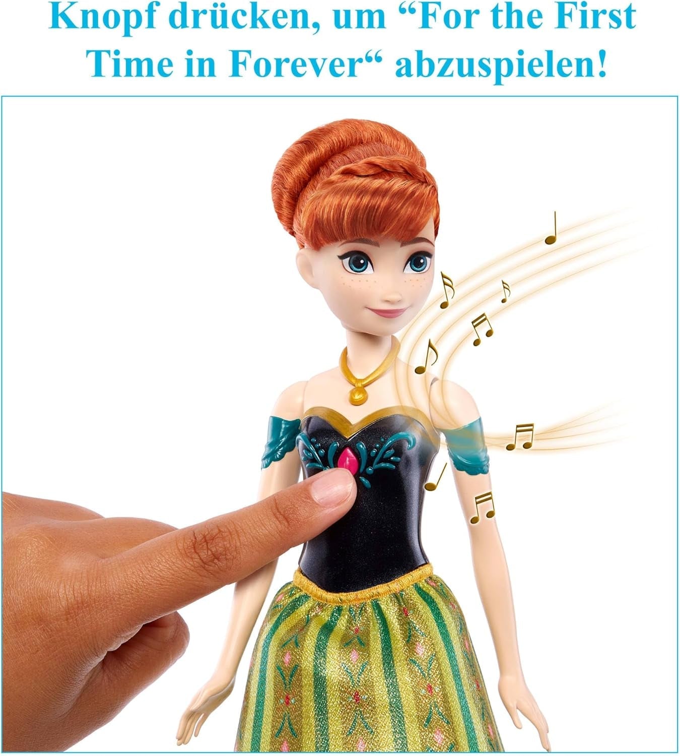 Mattel Toys Disney Frozen Anna Singing Fashion Doll con un atuendo icónico canta "Por primera vez" de la película de Disney en inglés, francés, alemán, italiano, JDL59