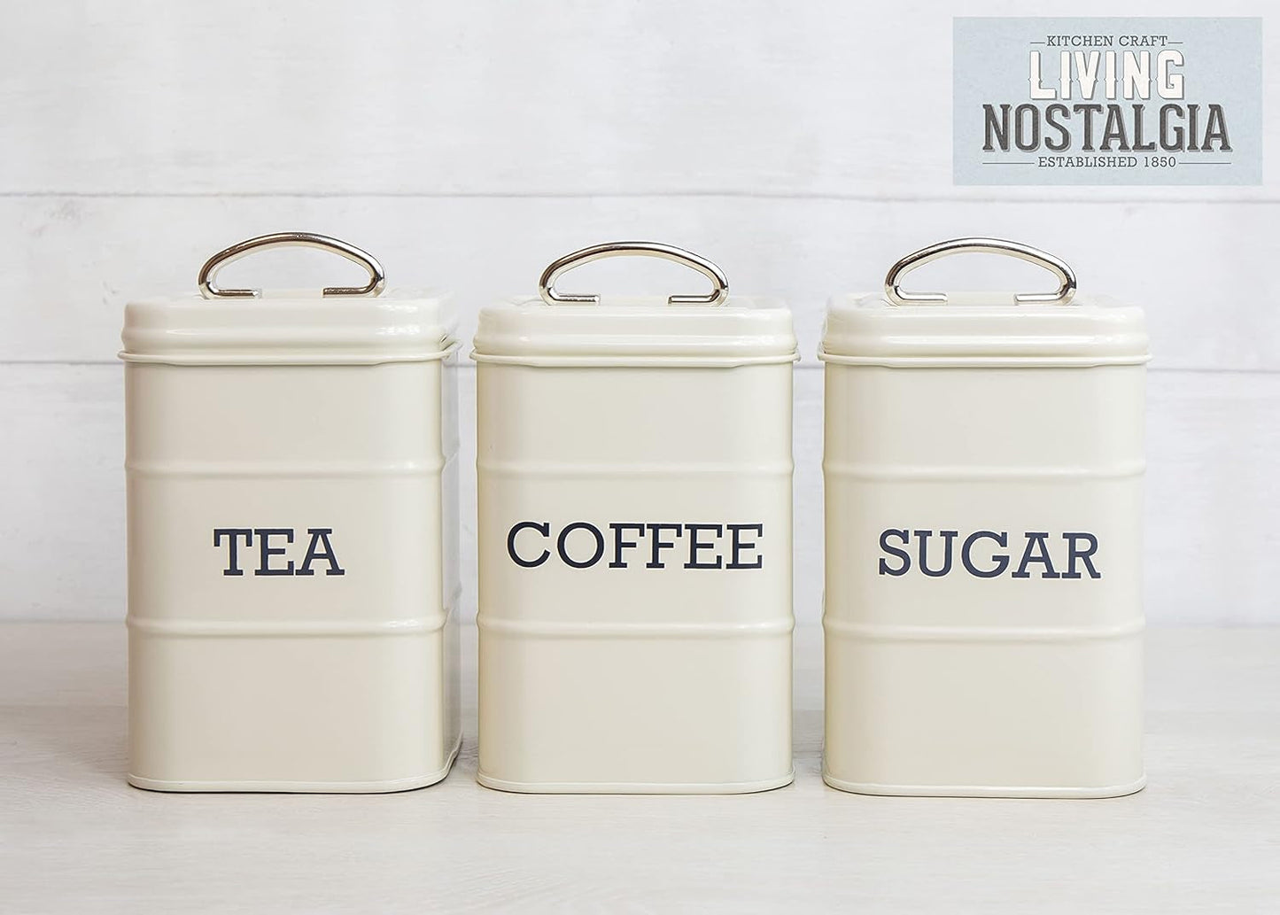 KitchenCraft Living Nostalgia Juego de 3 tarros de almacenamiento para té, azúcar y café en caja de regalo, acero, crema envejecida, 11 cm x 11 cm x 17 cm, cajas de almacenamiento de alimentos azul vintage Naty Shop
