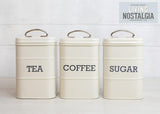 KitchenCraft Living Nostalgia Juego de 3 tarros de almacenamiento para té, azúcar y café en caja de regalo, acero, crema envejecida, 11 cm x 11 cm x 17 cm, cajas de almacenamiento de alimentos azul vintage Naty Shop