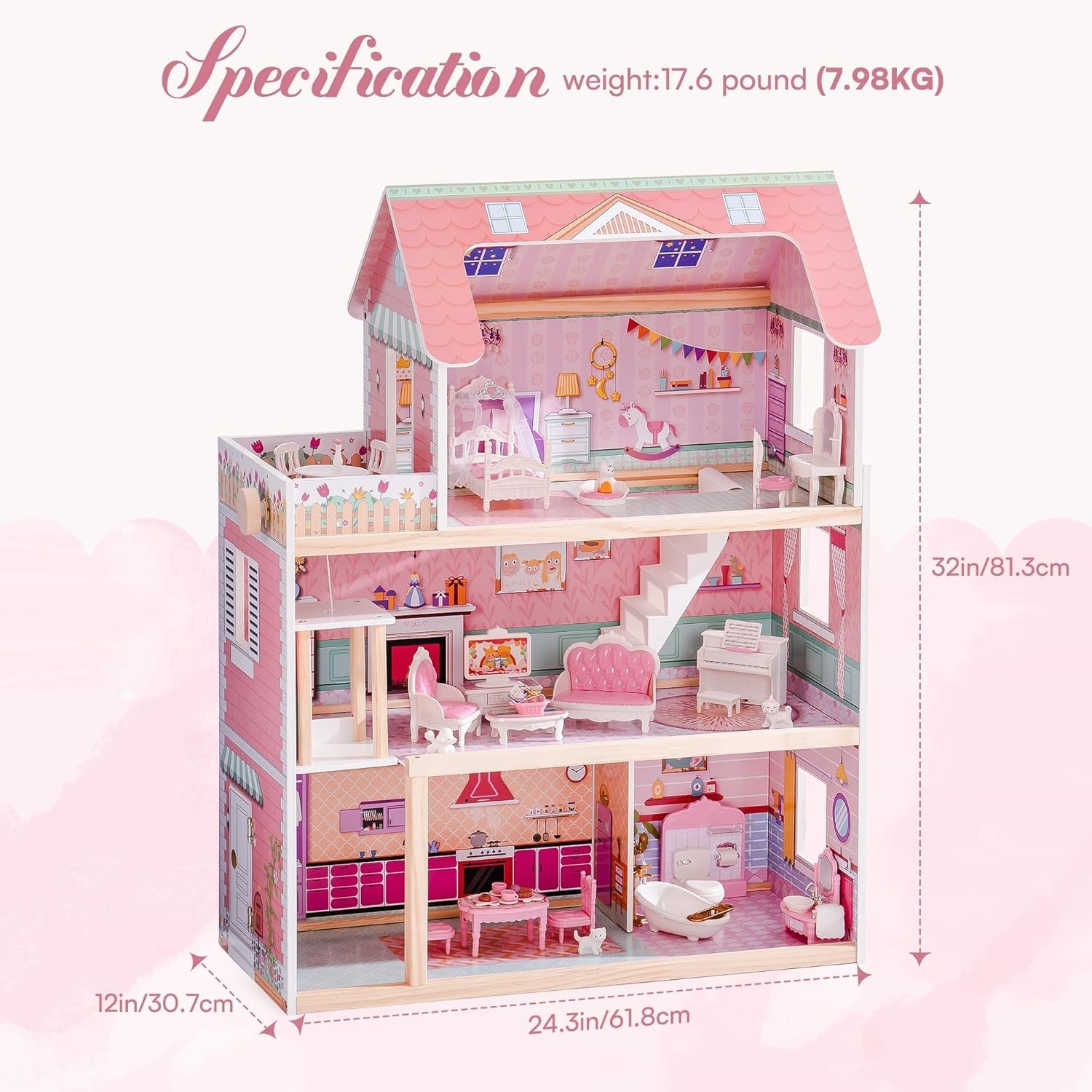 ROBUD Casa de muñecas de madera para niños, casa de muñecas, juguete de regalo para niñas y niños de 3, 4, 5 y 6 años