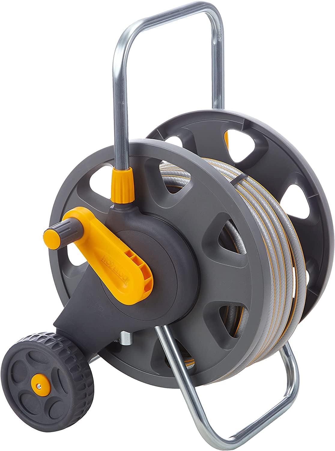 HOZELOCK - Enrollador de manguera Plus 50 M (Ø 12,5 mm) montado: Capacidad máxima 60 m, estable y robusto para uso general, montado con 50 m de manguera, 1 boquilla pulverizadora + conectores [2435R0000]
