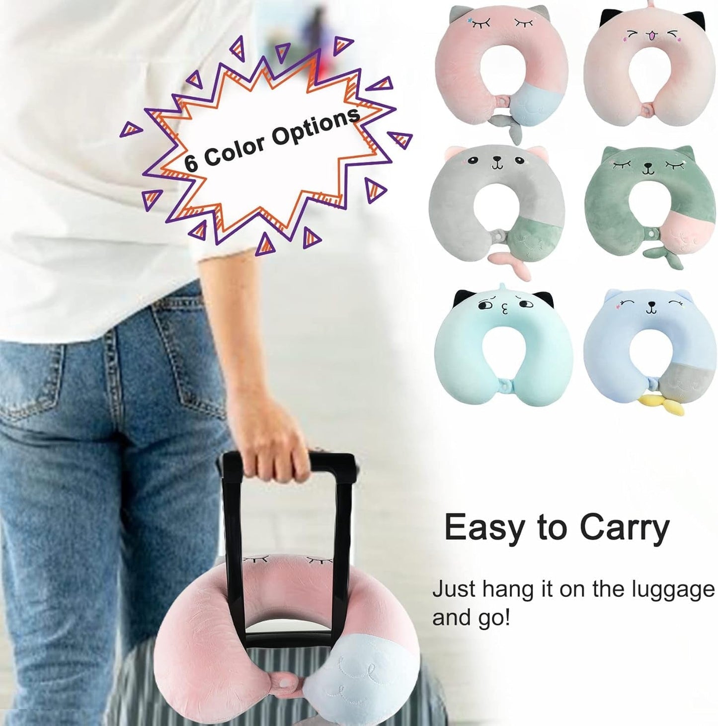 Almohada para el cuello Almohada para el cuello para niños para avión, automóvil, tren, viaje, almohada de viaje de espuma viscoelástica para adultos, almohada en forma de U con patrón de animales lindo, funda desmontable (Rosa2) Almohadas ortopédicas cervicales Naty Shop