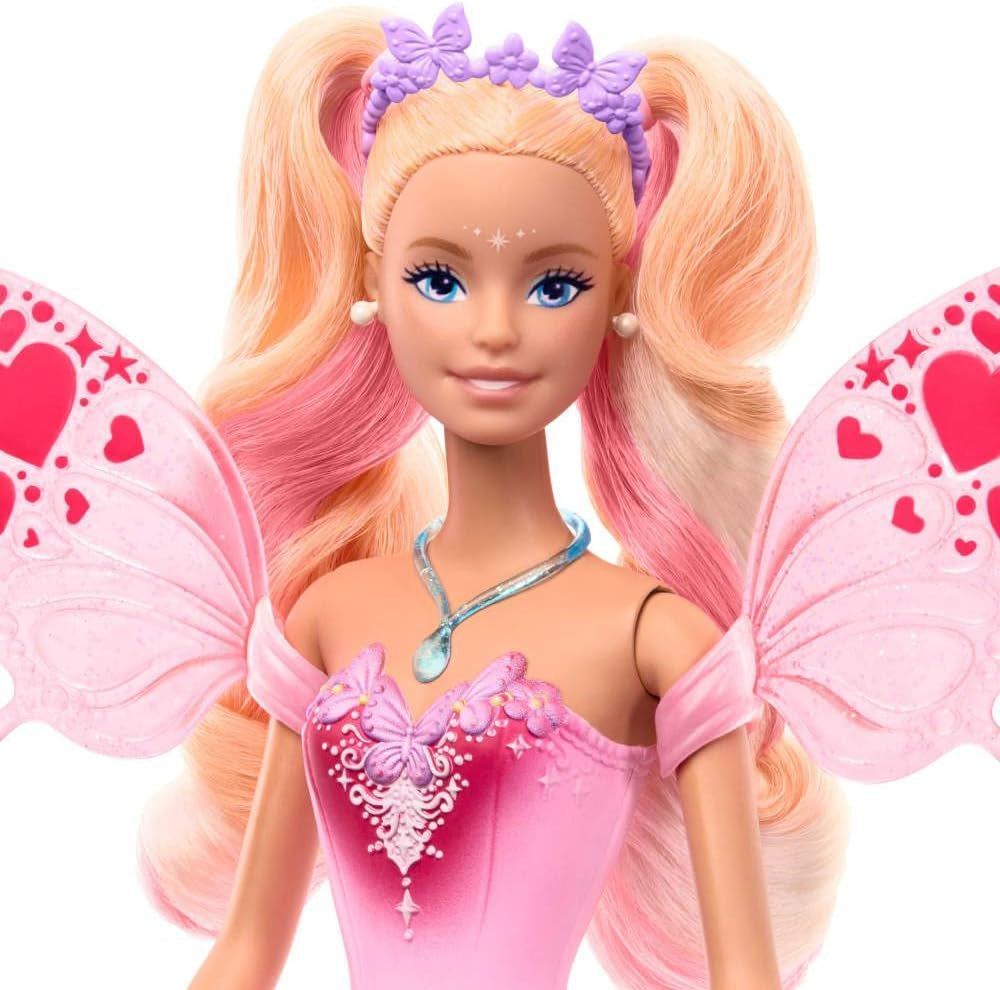 Muñeca Barbie Mattel con varita mágica y accesorios de moda, tema de fantasía con alas y atuendo que cambia de color, JCP76, [Multicolor]