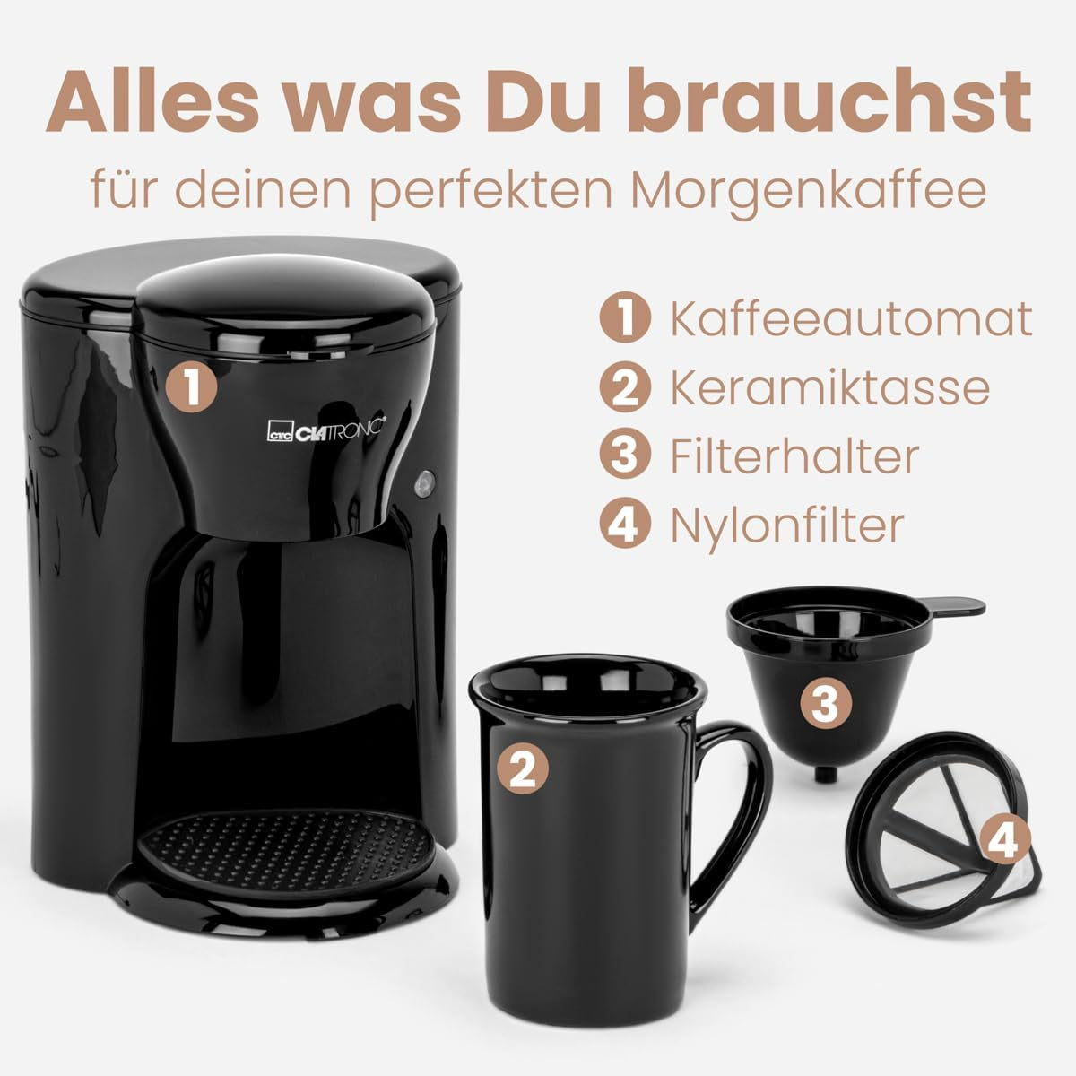 Cafetera Clatronic® de 1 taza | Máquina de café espresso perfecta para personas solteras | Cafetera espresso con filtro, incluida taza de cerámica | Pequeña cafetera espresso con filtro, ideal para viajar | KA 3356