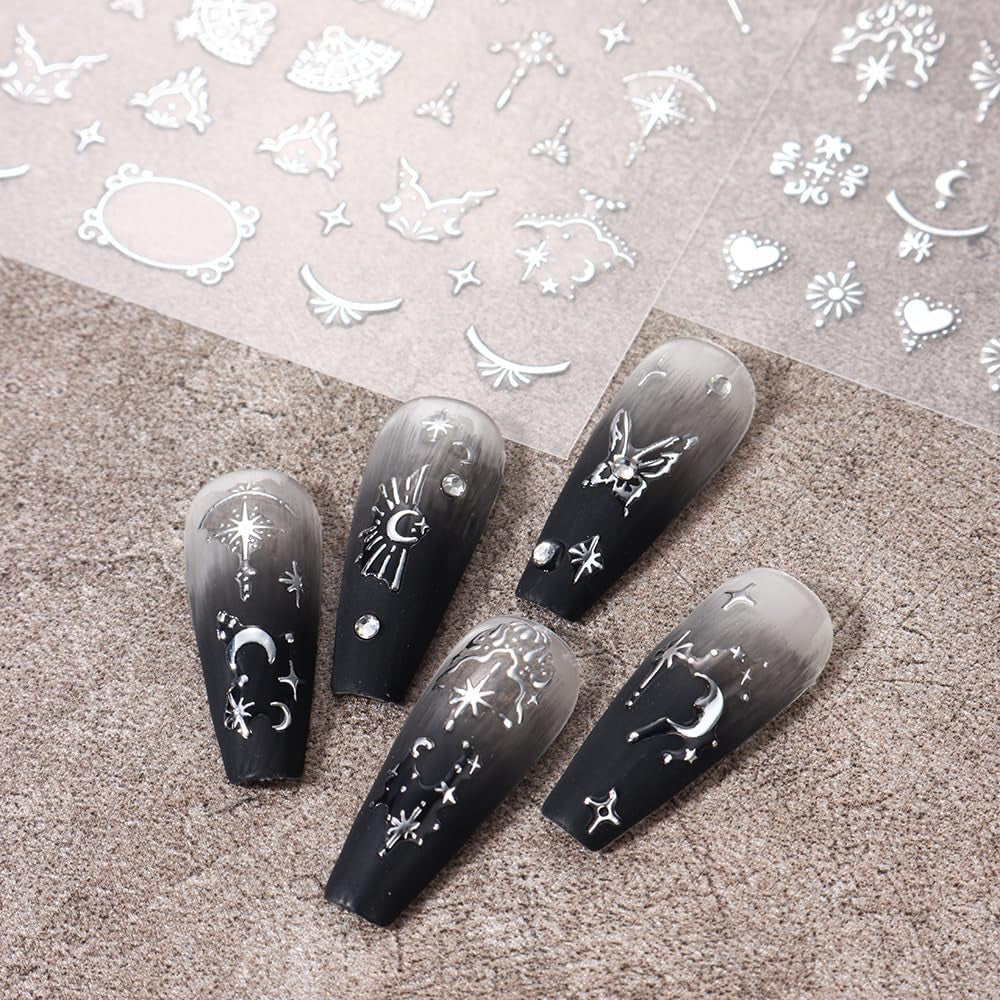 Pegatinas de uñas metálicas plateadas 3D, pegatinas de uñas para mujeres, estrella, luna, sol, láminas para uñas, pegatinas autoadhesivas, pegatinas de uñas de mariposa, pegatinas de uñas, accesorios de diseño de uñas, 8 piezas