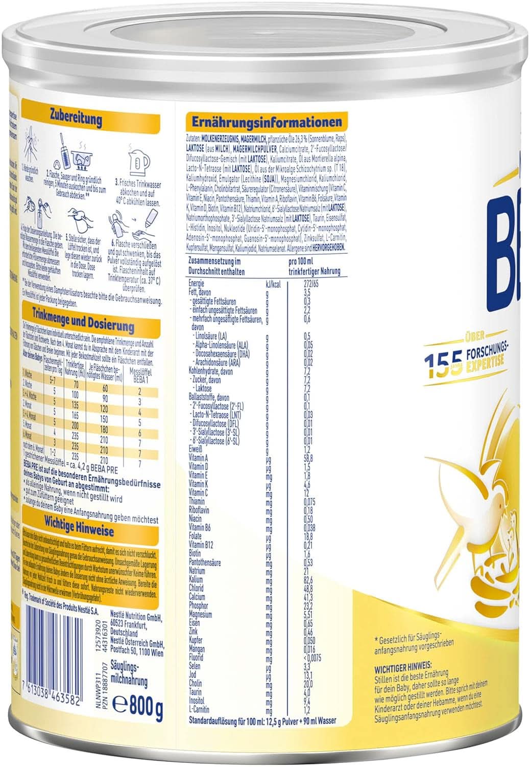 BEBA PRE Leche Inicial desde el Nacimiento, Papilla con DHA, Solo Lactosa, Sin Aceite de Palma, Pack 3 (3 x 800g) Naty Shop
