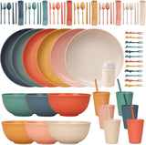 Juego de cubiertos indestructibles para 6 personas Juego de cubiertos para camping 66 piezas Juegos de cubiertos de plástico para picnic Juego de cubiertos de cuencos y platos de plástico para barbacoa de colores ligeros