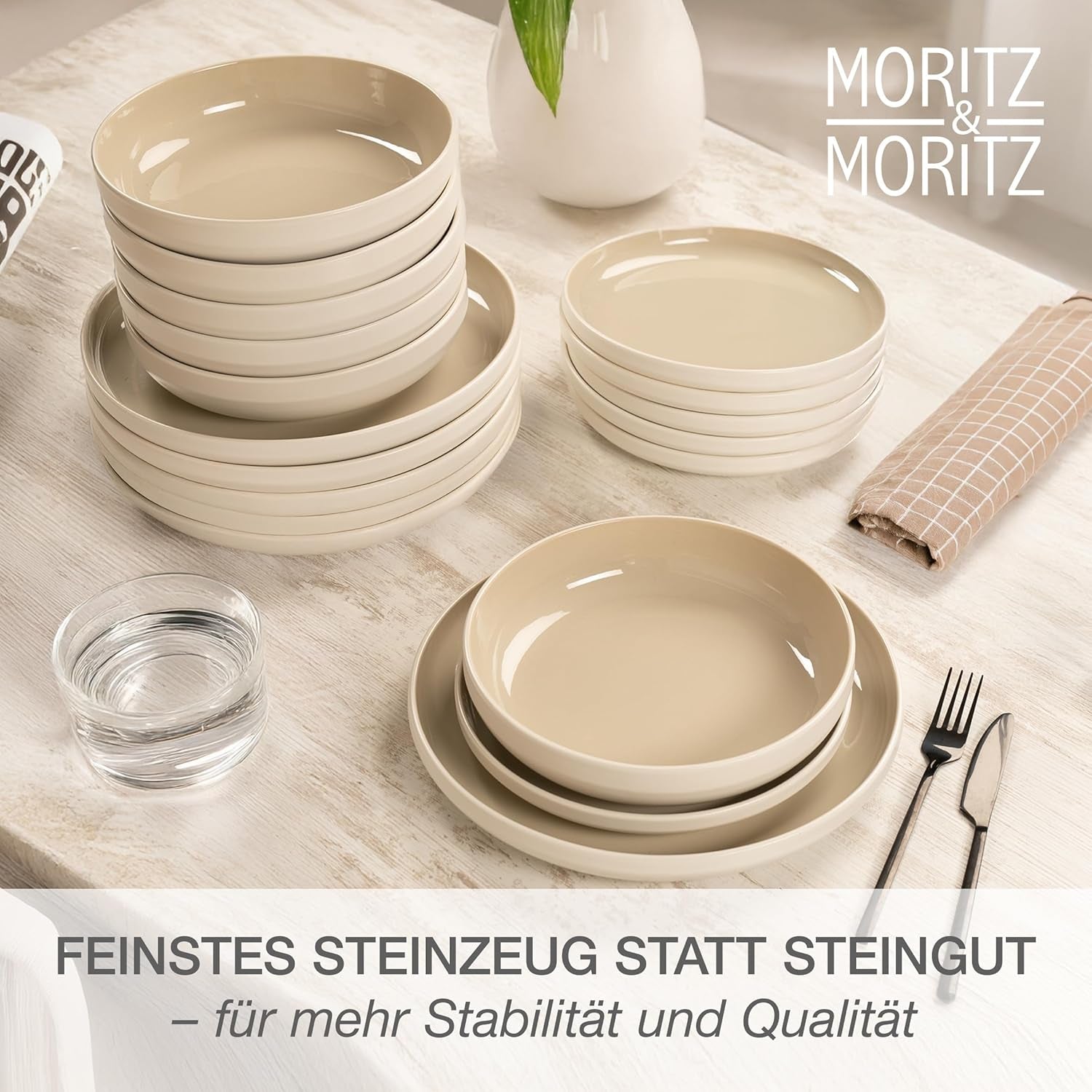 Moritz & Moritz CAVO vajilla de gres para 12 personas, 36 piezas - Moderno servicio de mesa en color arena - Juego combinado de fácil cuidado con platos y cuencos - Servicio de café