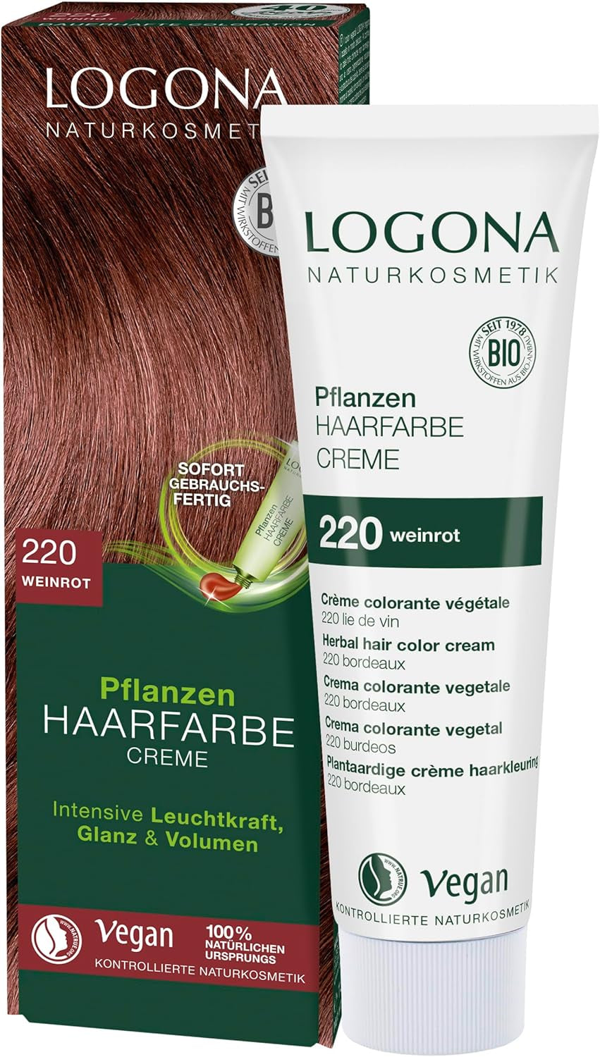LOGONA Cosmética Natural Coloración Vegetal en Crema 240 Marrón Turrón, Coloración en Crema Henna Natural Marrón, Coloración en Crema Tonos Marrones, Coloración Oscuro, 150ml Naty Shop Tinte para el Cabello 220 Rojo Vino [Tiziano]