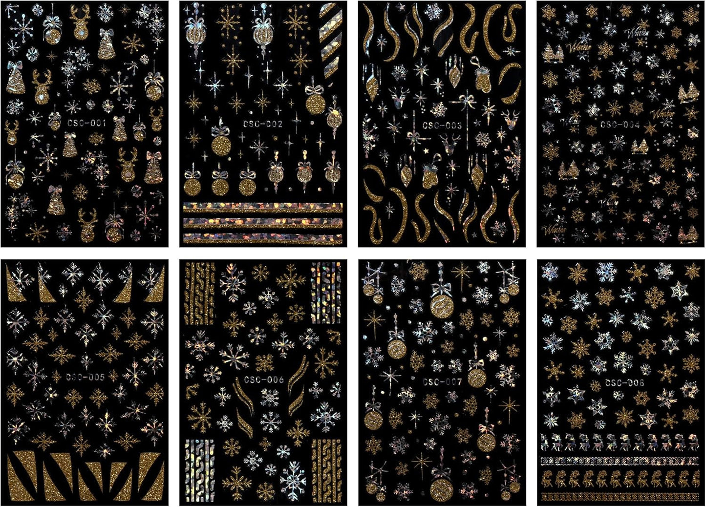 JMEOWIO Nagelsticker Weihnachten Gold Glitter Silver 8 Blatt Nail Art Sticker Selbstklebend Nagelaufkleber Schneeflocke Winterurlaub Dekoration Nageldesign Zubehör