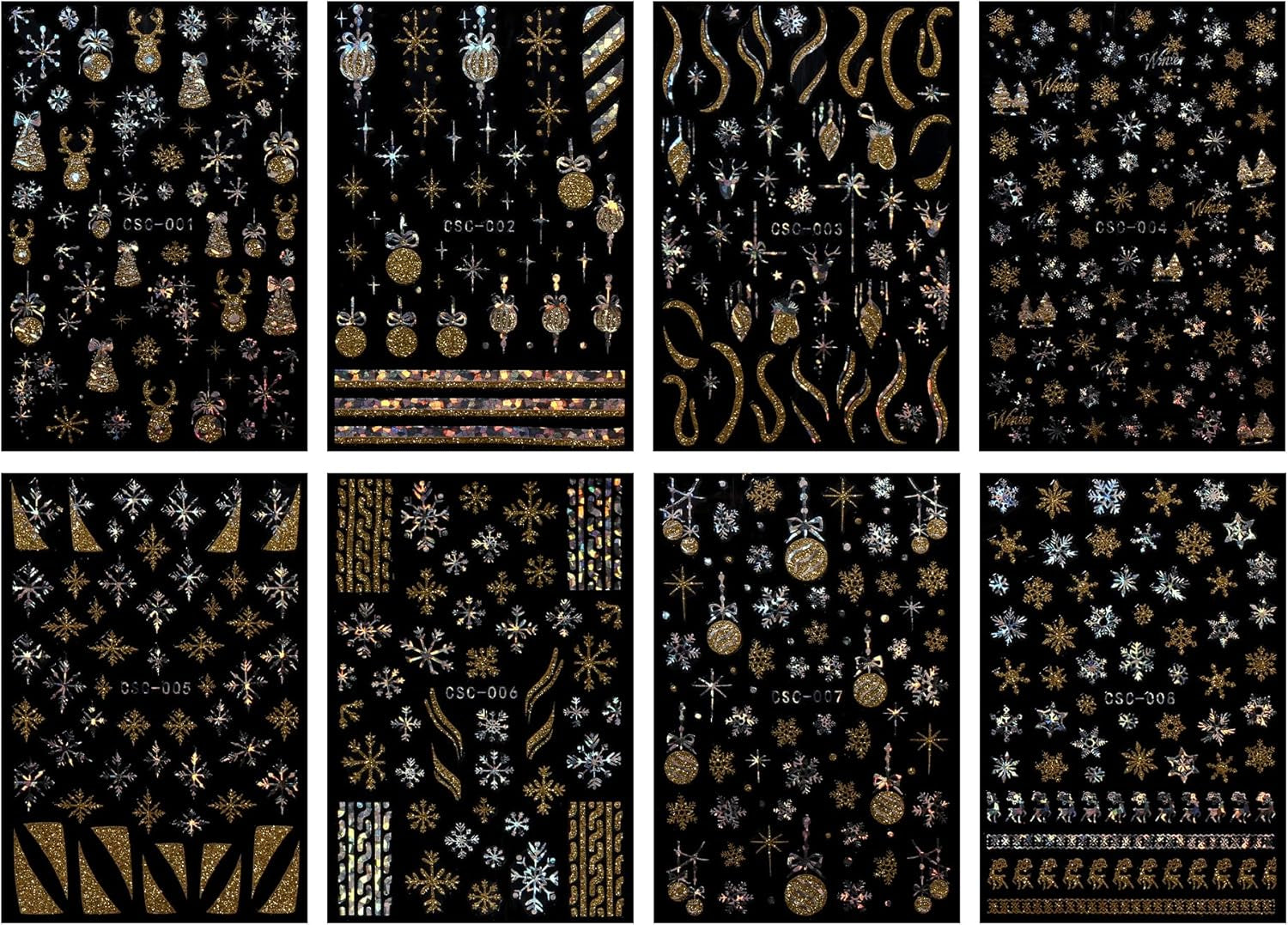 JMEOWIO Nagelsticker Weihnachten Gold Glitter Silver 8 Blatt Nail Art Sticker Selbstklebend Nagelaufkleber Schneeflocke Winterurlaub Dekoration Nageldesign Zubehör