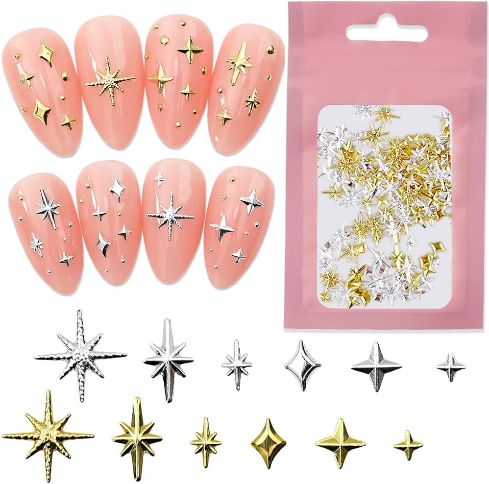 120 piezas de dijes de uñas de estrella dorada y plateada, uñas Y2K de estrella, dijes de uñas de estrella de metal, tamaños mixtos, tornillos para uñas, diseño de uñas de estrella, arte de uñas, dijes de estrellas 3D, decoración de uñas, dijes de uñas, accesorios para uñas