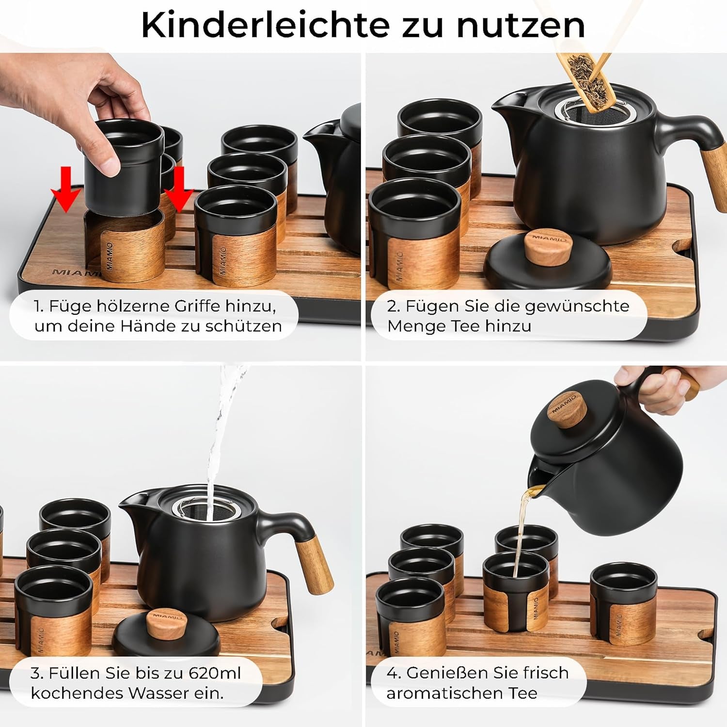 MIAMIO - Juego de Té Japonés/Chino 6 x 100ml / Tetera Asiática 620ml con Infusor de Té, Juego de Tetera Tradicional Japonesa para Amantes del Té/Hombres/Mujeres (Negro)