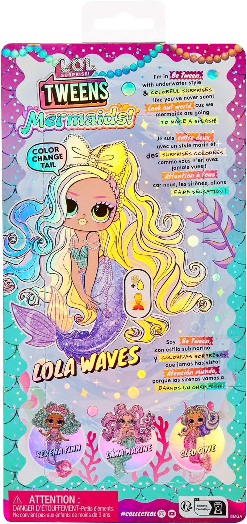 Jajaja ¡Sorpresa! Preadolescentes - Sirena Lola Waves - Muñeca de moda con cola que cambia de color, aleta móvil y bonitos accesorios - Juguete para niños y coleccionistas a partir de 4 años