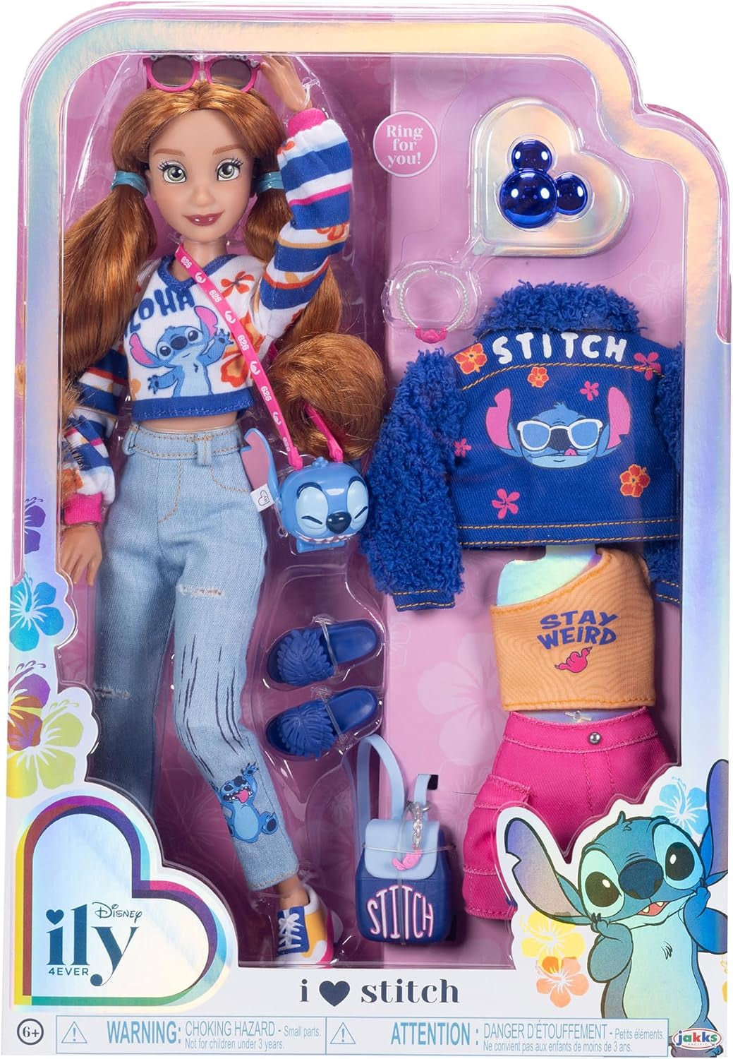 ¡Muñecas de moda Disney ILY 4EVER Stitch con cabello rojo, 29 cm de altura, con 13 puntos de articulación, dos conjuntos completos para combinar y un brillante anillo de Mickey para ti!
