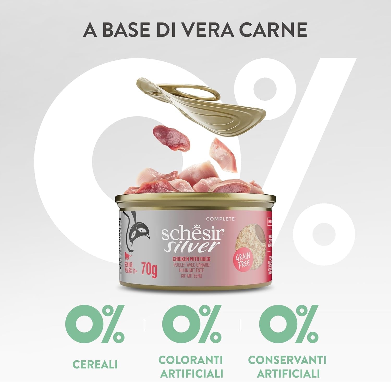 Silver Pollo con Mousse de Pato y Filetes, Alimento Húmedo Completo para Gatos Mayores, Sin Cereales, Apoyo Inmunológico, Fuente de Humedad, 12 x 70 g