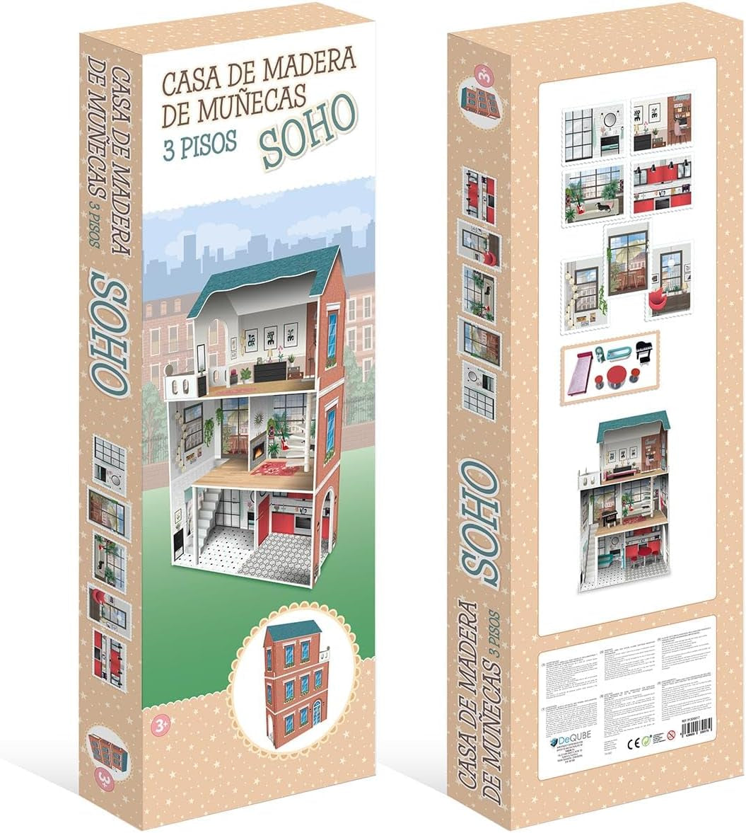Casa de muñecas diseño Soho-Madera de 3 plantas con 8 muebles, tamaño 120 X 33 X 75 cm (913D00181) Naty Shop Casas de Muñecas
