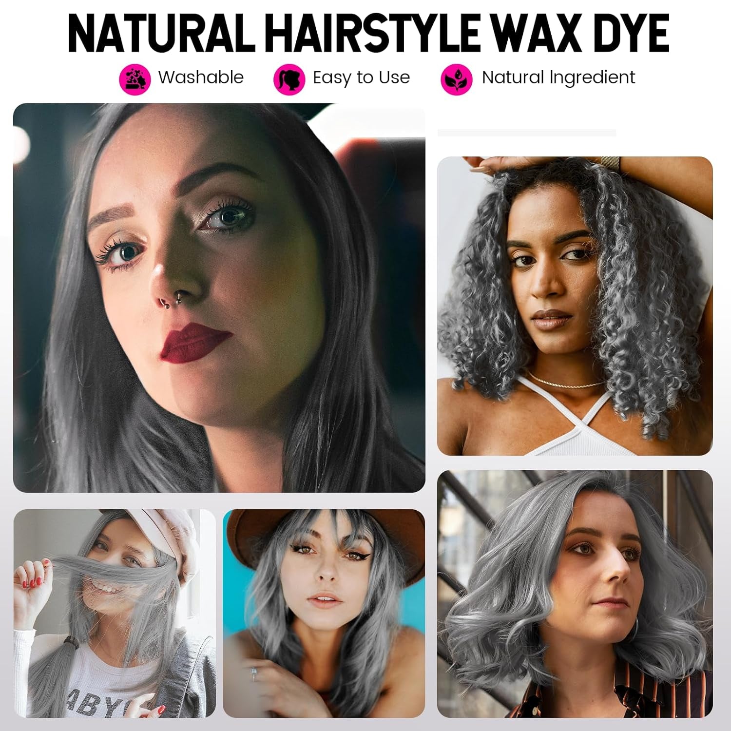 Color de cabello temporal, tono de cabello para peinar para hombres y mujeres, pomada natural para el cabello, cera para teñir el cabello para fiestas, cosplay y Halloween, 4.23 oz (gris plateado) Naty Shop Hair Dye