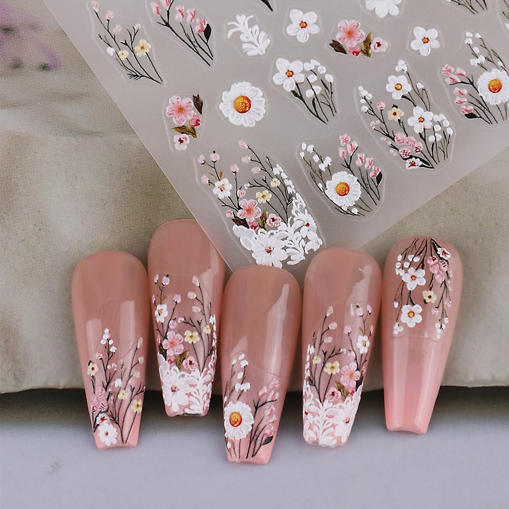 Calcomanías De Uñas De Flor De Ciruelo, Calcomanías De Uñas De Flor Rosa Blanca, Calcomanías De Uñas De Flor En Relieve, Calcomanías De Uñas De Flor De Primavera Verano, Diseños De Uñas, Accesorios De Uñas, Arte De Uñas