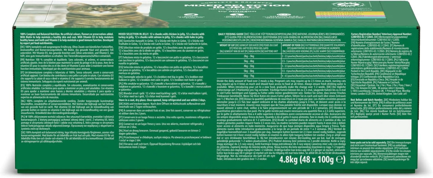 Amazon Comida húmeda para gatos adultos sin cereales Selección mixta en gelatina 4,8 kg (48 paquetes de 100 g cada uno)