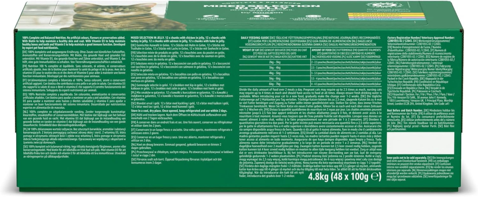 Amazon Comida húmeda para gatos adultos sin cereales Selección mixta en gelatina 4,8 kg (48 paquetes de 100 g cada uno)