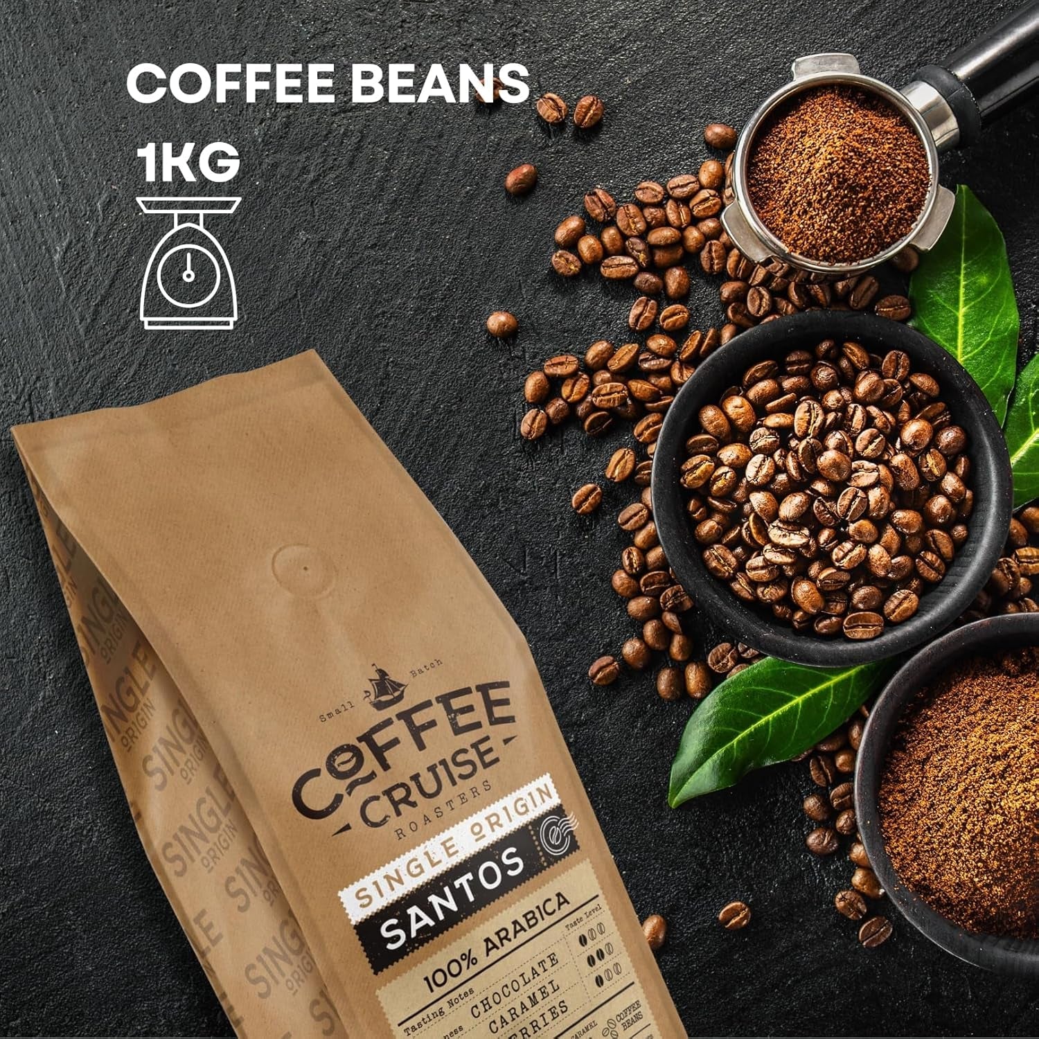 COFFEE CRUISE Santos Kaffeebohnen 1kg - Mittlere Röstung - Aroma Caramel - Für All Kaffeemaschinen - 100% Árabe