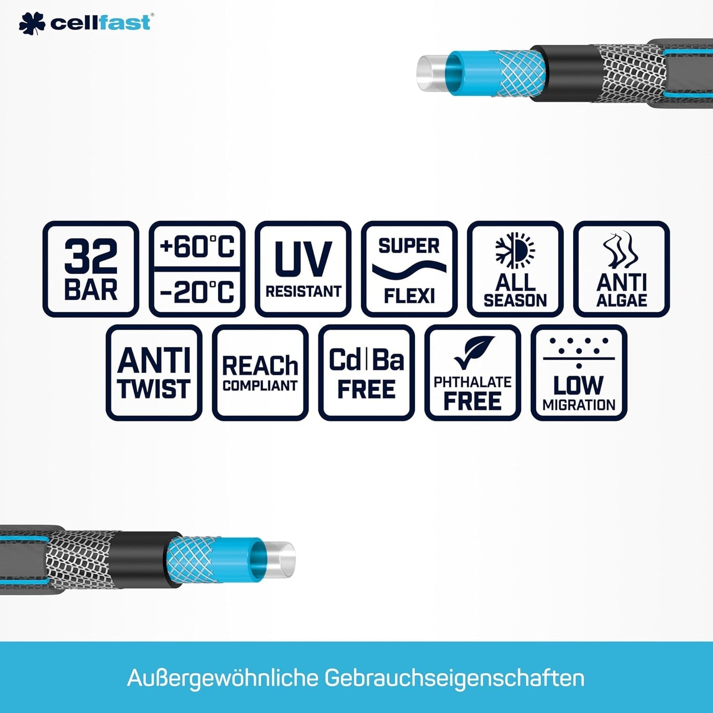 CELLFAST Manguera de jardín Manguera de agua de 6 capas Manguera de riego de tela trenzada doble Manguera flexible antialgas resistente a los rayos UV 32 bar 1 pulgada 25 metros Hobby