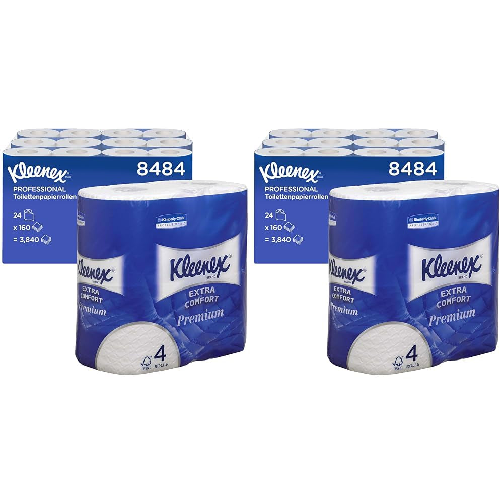Rollos de papel higiénico Kleenex Premium 8484, papel higiénico 24 rollos x 160 hojas infladas, papel higiénico de 4 capas, 100% fibra pura, alta calidad, resistente al desgarro y suave (paquete de 2)