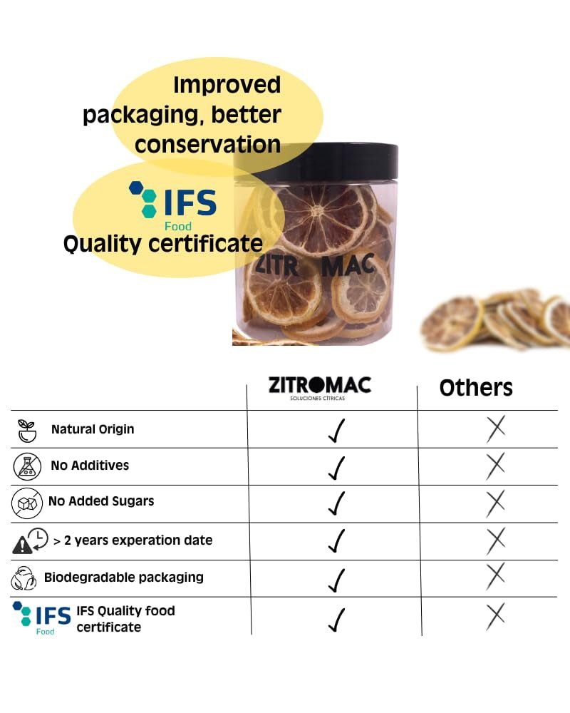 45g Rodajas de Limón Desecado, Rodajas de Frutos Secos para Cócteles, Limón Desecado para Decoración Navideña, Vino caliente, Té, Repostería|Limones Secos 100% Naturales Productos Deshidratados Naty Shop