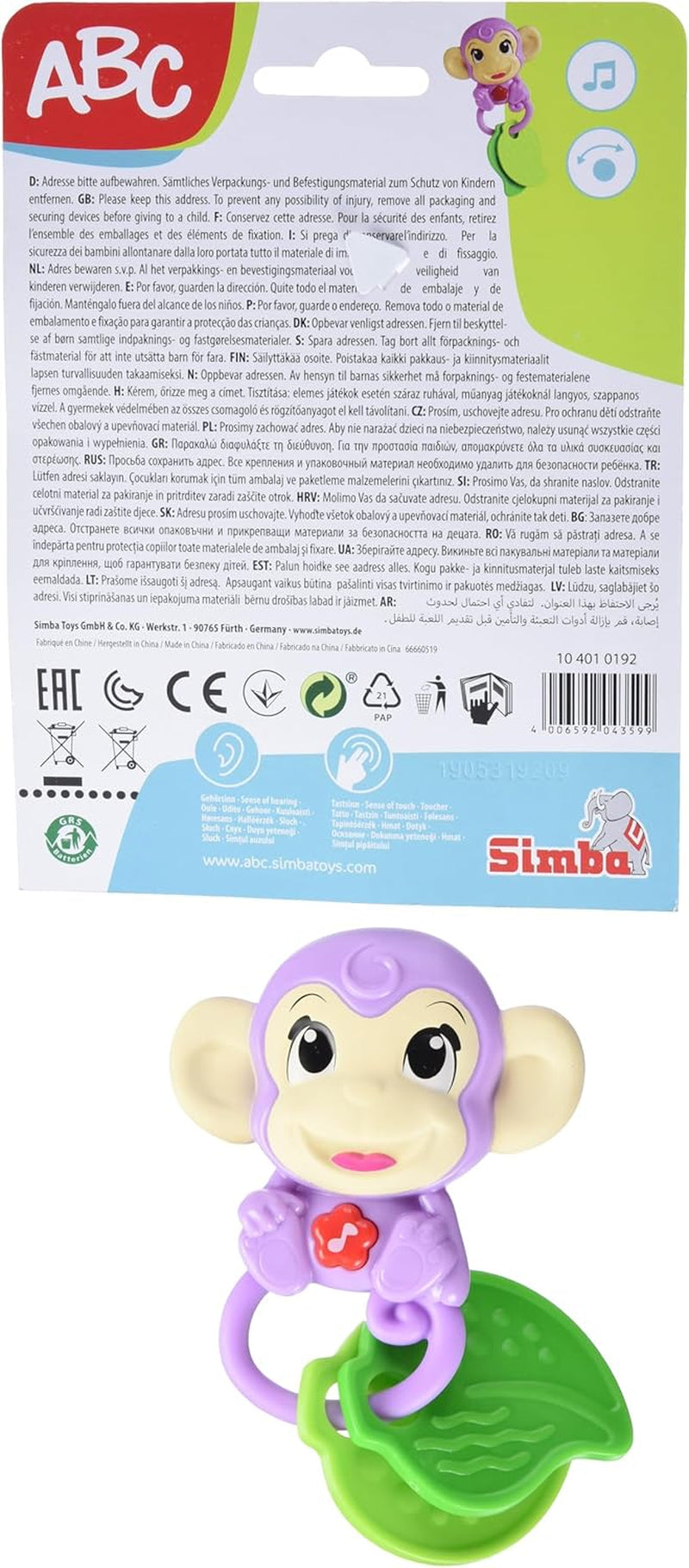 Simba 104010192 - Sonajero musical mono ABC, 2 elementos sensoriales, con función musical, 17cm, juguete para niños, a partir de 6 meses Baby Toys Naty Shop
