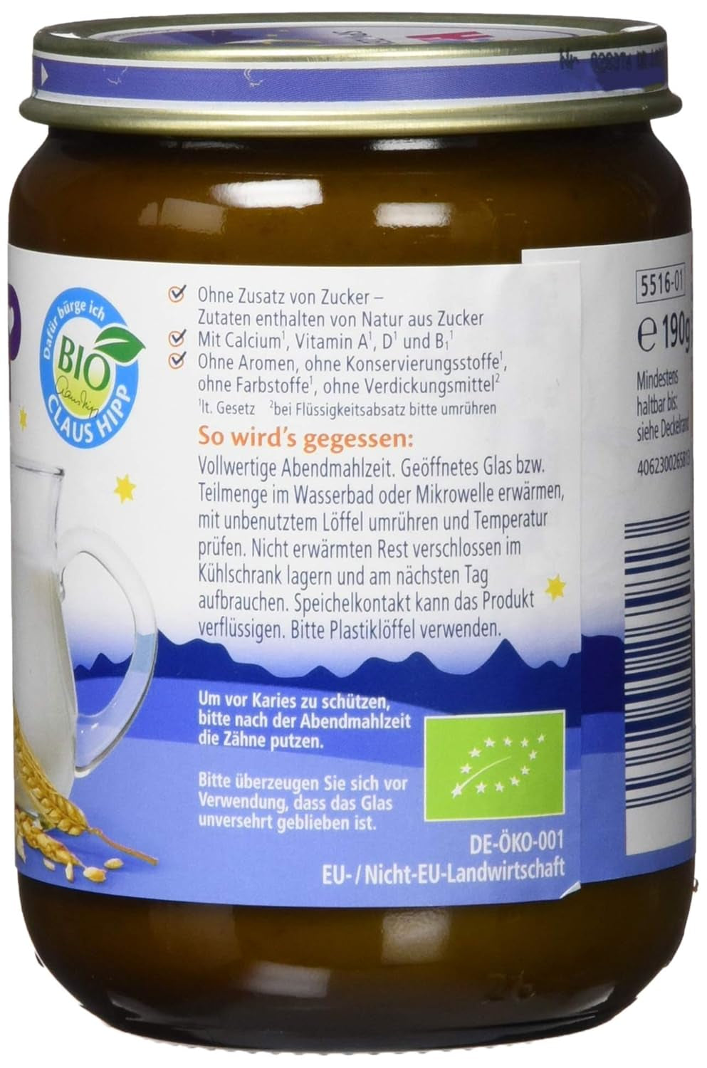 HiPP Organic Good Night con 7 cereales (6 x 190 g), papilla para bebés a partir de 6 meses, sin azúcares añadidos, muy saciante, la mejor calidad biológica