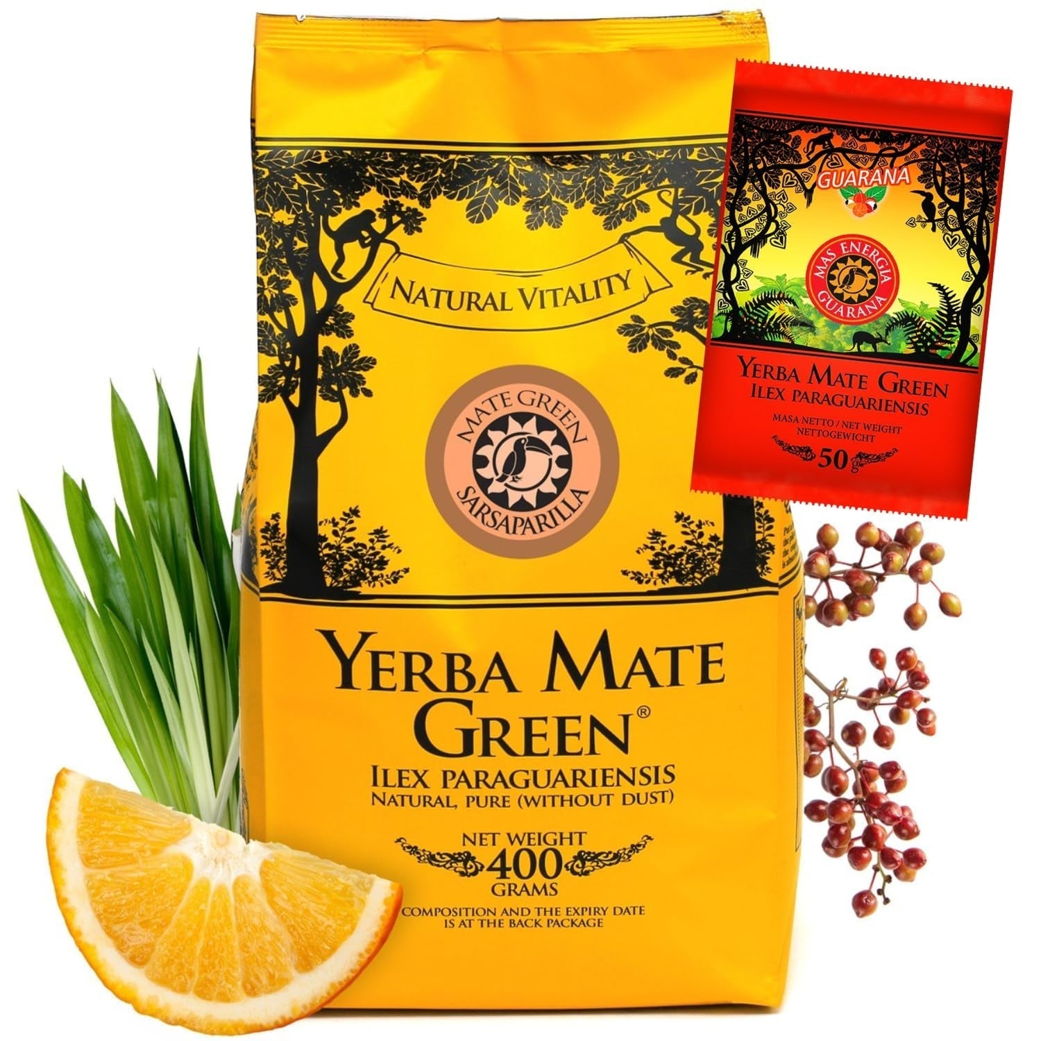 Yerba SARSAPARILLA 400G ● Té Mate dulce y refrescante ● Hojas de Zarzaparrilla ● Té Mate de hojas de Mate ● Té Yebra Mate con GUARANÁ 50G ● Yerba Mate Hojas Sueltas 450G ● Vegano