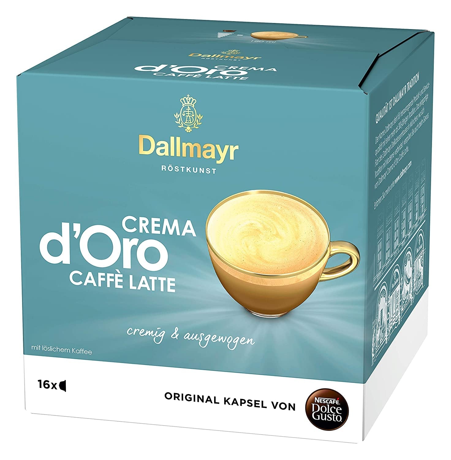 NESCAFÉ Dolce Gusto Dallmayr Prodomo, XXL-Vorratsbox, 90 Kaffeekapseln (3 x 30 Kapseln) y Dallmayr Crema d'Oro Caffè Latte (48 Kaffeekapseln, 48 Getränke, cremig&ausgefungen) Paquete de 3 (3 x 16 Kapseln)