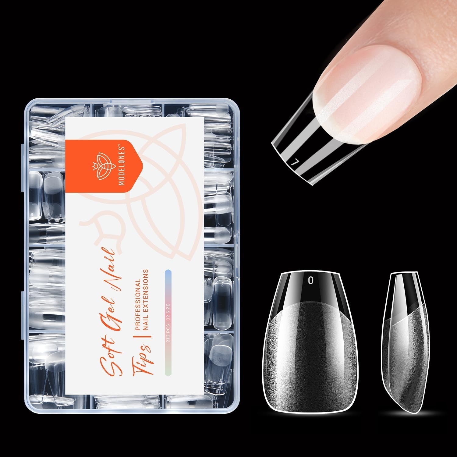 Modelones Puntas de Uñas 216 Piezas - Juego de Puntas de Uñas de Cobertura Completa, Juego de Puntas de Gel Suave, Puntas de Uñas de Resina PMMA Prepulido, Pegamento DIY en Uñas Artificiales, Almendras Cortas XS