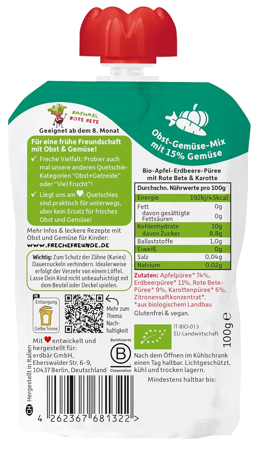 FRECHE FREUNDE Bolsita de frutas ecológicas exprimibles con manzanas, fresas, remolacha y zanahoria, puré de frutas y verduras en bolsitas exprimibles para bebés a partir de 6 meses, vegano, paquete de 6 (6 x 100 g)