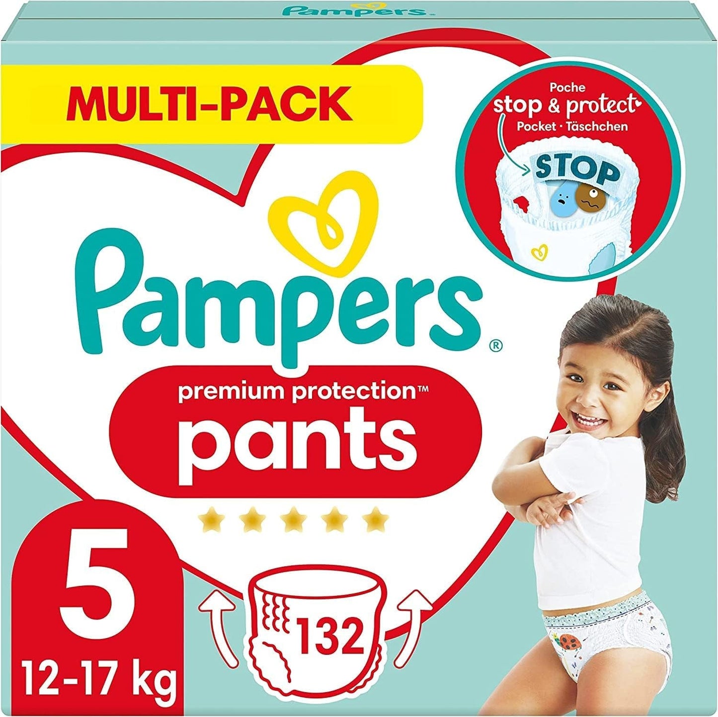 Pampers Premium Protection Pants Talla 7, 123 pañales, 15 kg+, con ajuste de 360° y puños suaves antifugas para una comodidad y protección óptimas