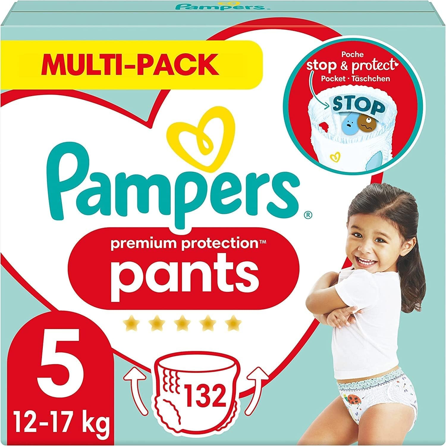 Pampers Premium Protection Pants Talla 7, 123 pañales, 15 kg+, con ajuste de 360° y puños suaves antifugas para una comodidad y protección óptimas