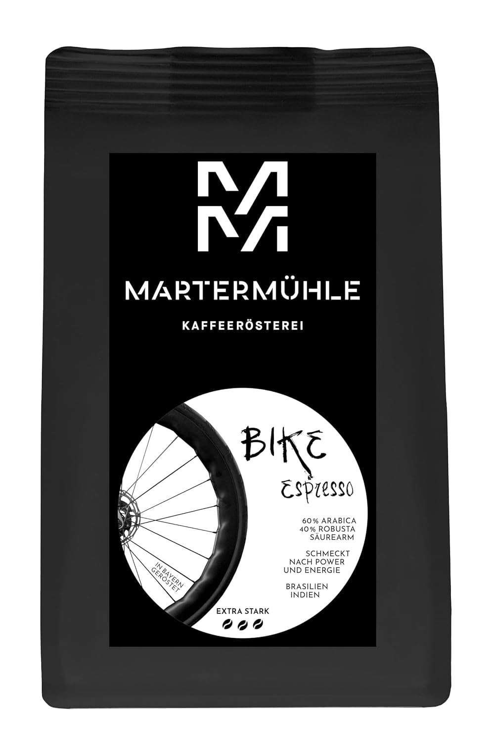 Granos de café expreso Martermühle Bike 500g Fuerte | Arábica/Robusta | Sabores: Nueces de macadamia, chocolate con leche | Granos de espresso enteros ligeramente tostados, baja acidez