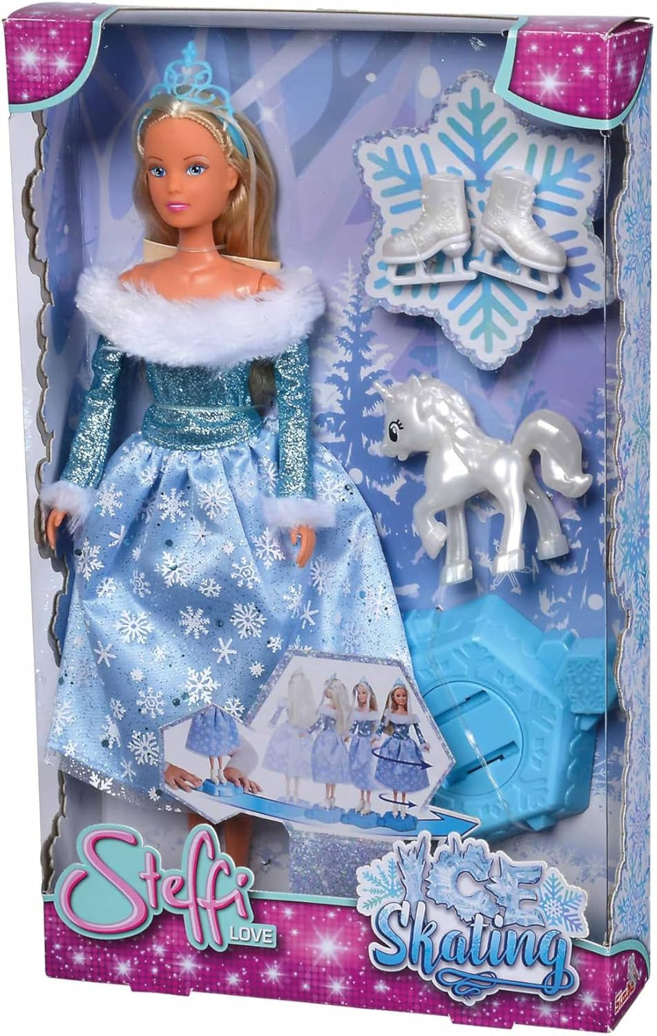 Simba 105733631 - Steffi Love Skating, Muñeca Princesa de Invierno con Plataforma de Patinaje Mágica y Pequeño Unicornio, 29 cm, 3 años en adelante