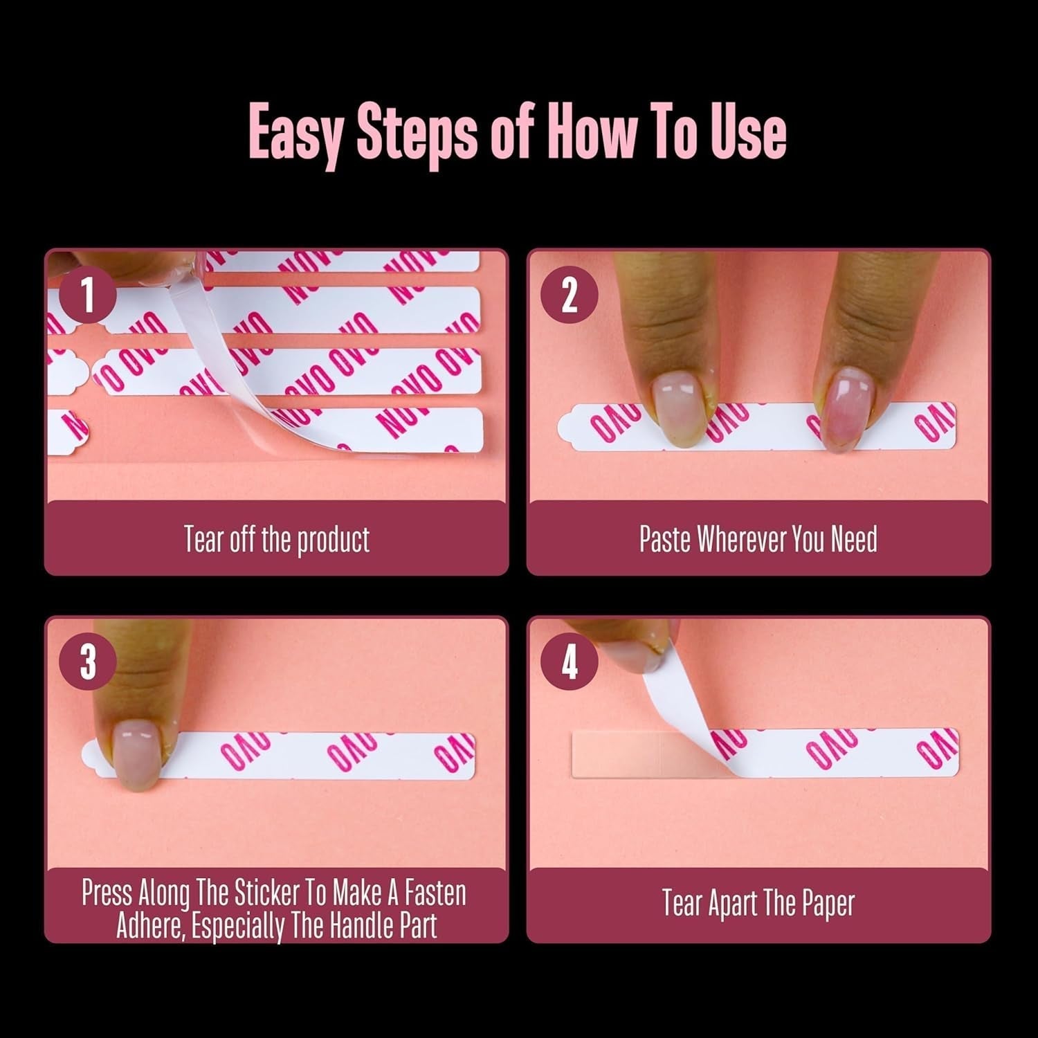 NOVO OVO 360 piezas Hoja adhesiva para exhibición de uñas fácil de arrancar, accesorio/embalaje/almacenamiento/práctica/accesorios para decoración de uñas transparente de doble cara, 30 piezas x 12 hojas