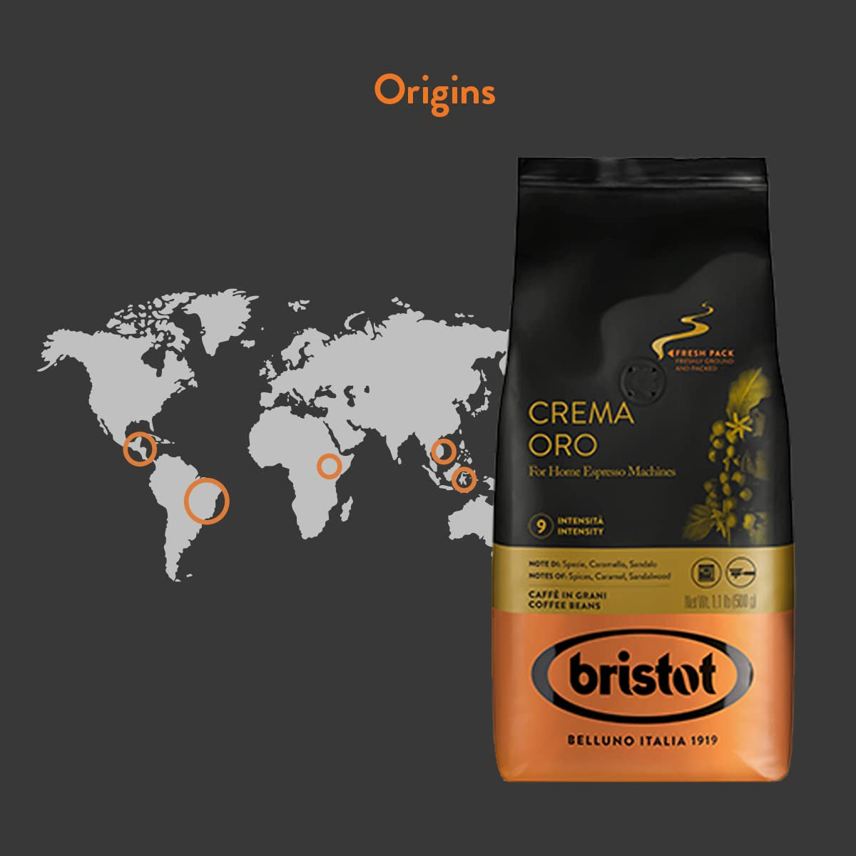 Bristot, Kaffeebohnen CREMA ORO – Total 1 kg – Mischung mit intensivo Aroma, süßem Geschmack, Gewürzen, Caramel, Sandelholznoten – Set mit 2 pro 500 g