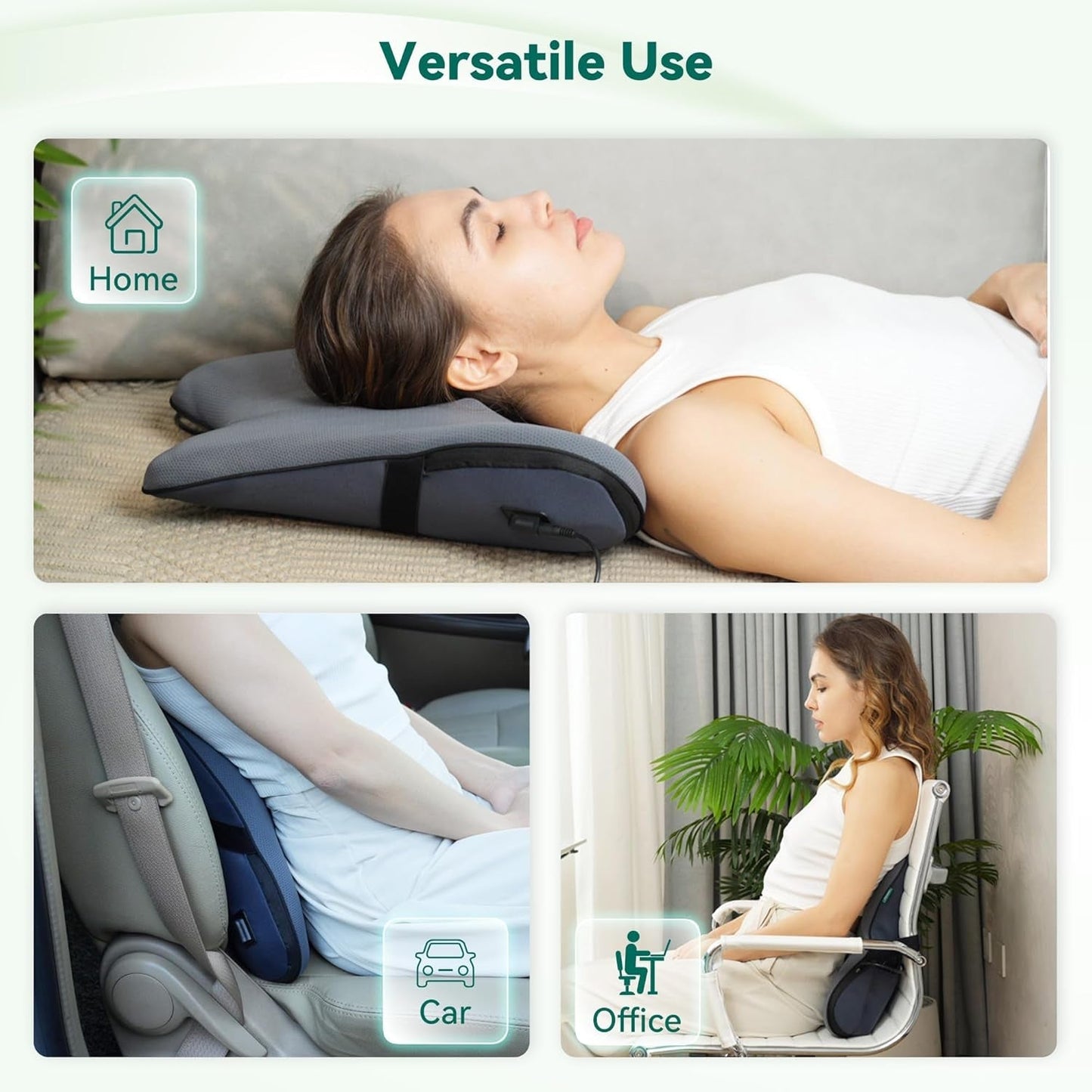 Snailax Almohada Ergonómica de Apoyo Lumbar con Masaje y Calor, Almohada de Espalda Shiatsu de Espuma Viscoelástica, Cojín de Asiento con 3 Intensidades de Masaje | 2 niveles de calor | 3 temporizadores | postura sentada cómoda