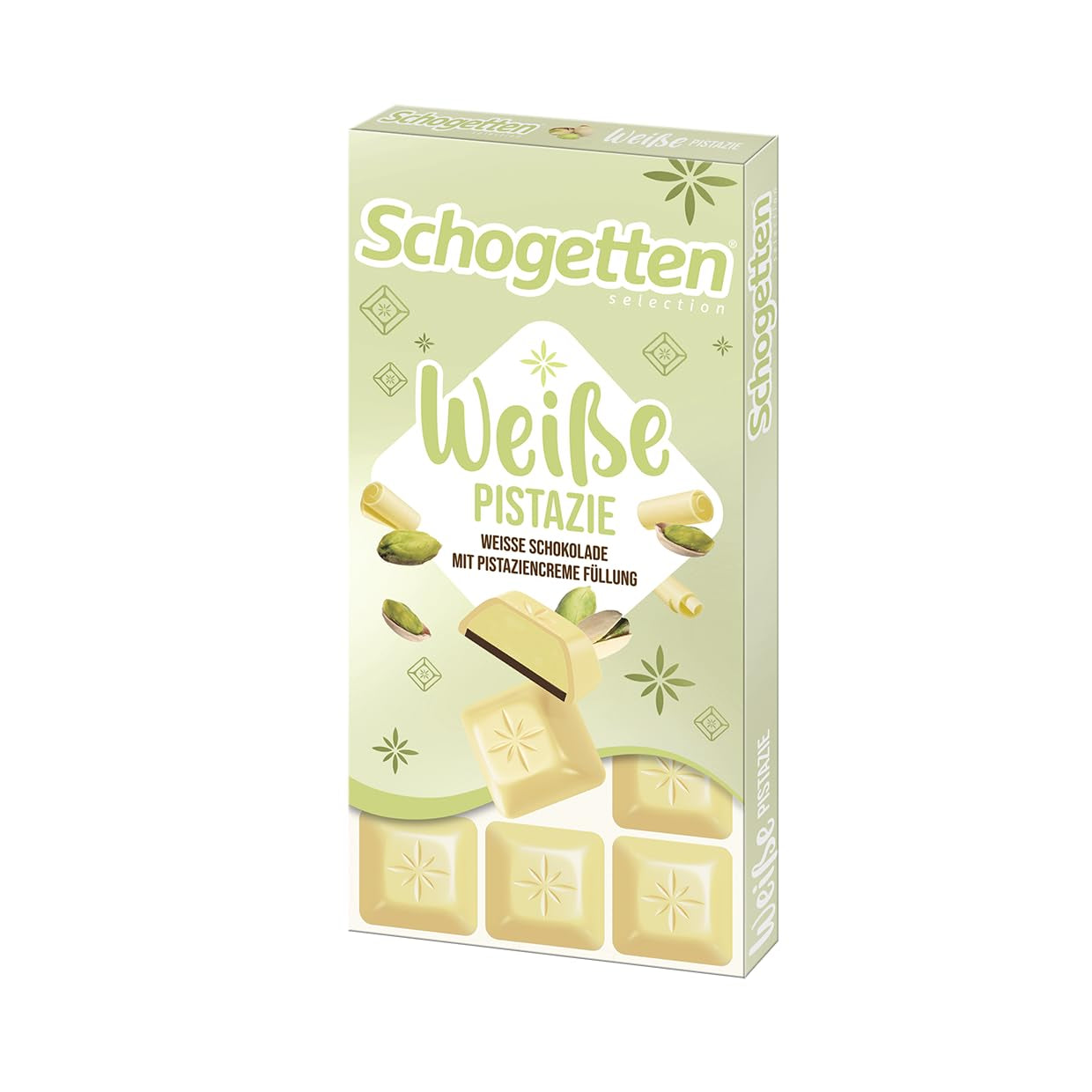 Pistacho blanco Schogetten | Chocolate blanco con relleno de crema de pistacho | 100 gramos | Convenientemente porcionado (paquete de 3)