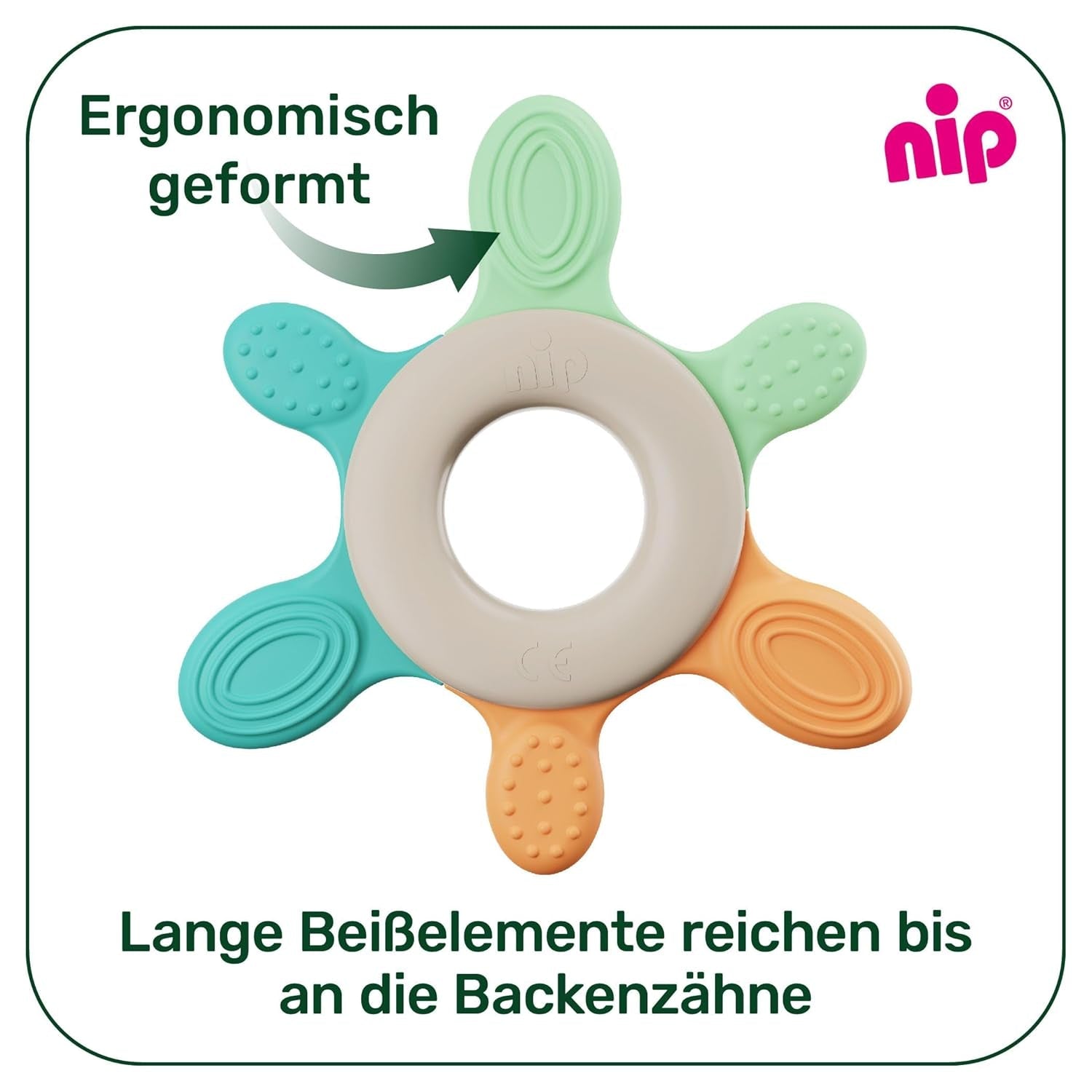 nip – Anillo de dentición | Mordedor sostenible para bebés a partir de 3 meses, elaborado con más de un 65% de materias primas naturales. Para un suave masaje de encías, lengua y dientes | Rojo/Verde/Naranja