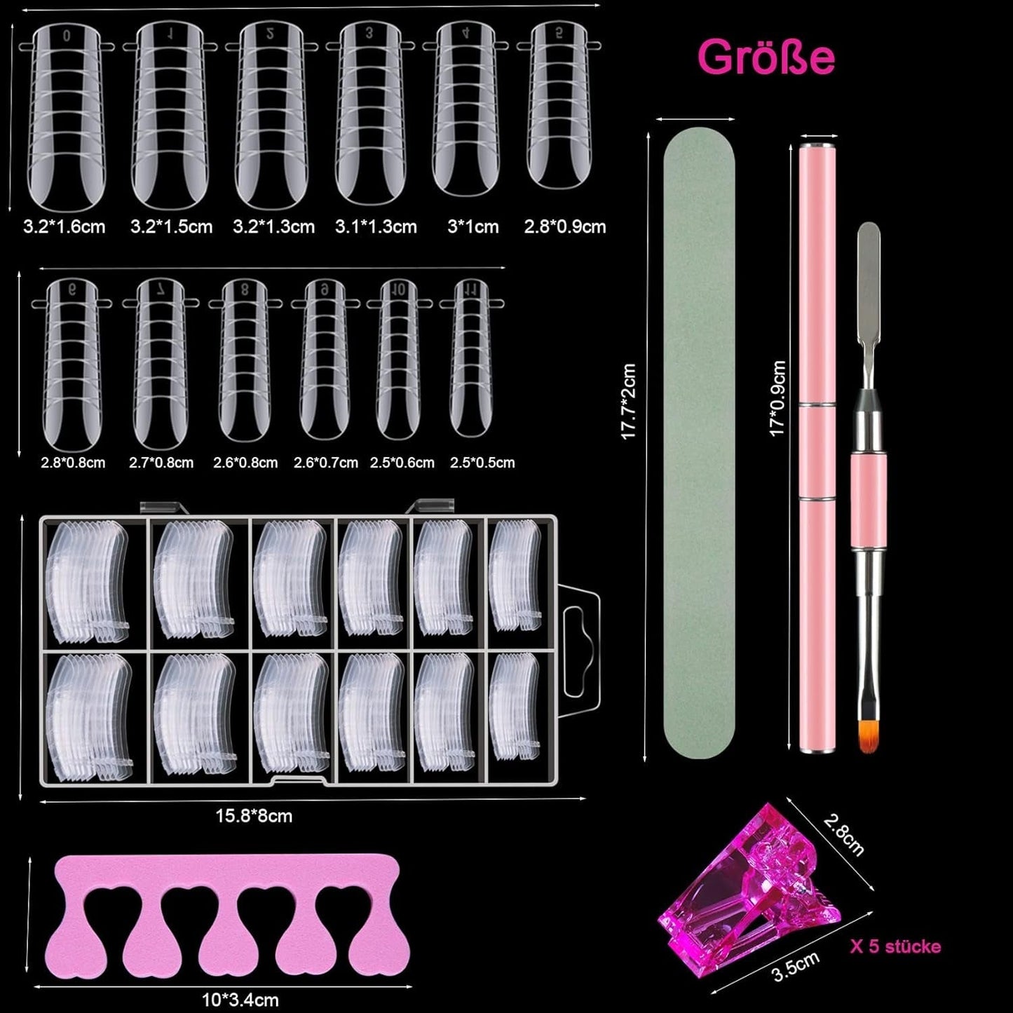 Juego de 120 formas de uñas dobles, plantillas de extensión de uñas con cepillo rosa de doble punta, clip para puntas de uñas, separador de dedos de esponja y lima de uñas para uñas de poligel