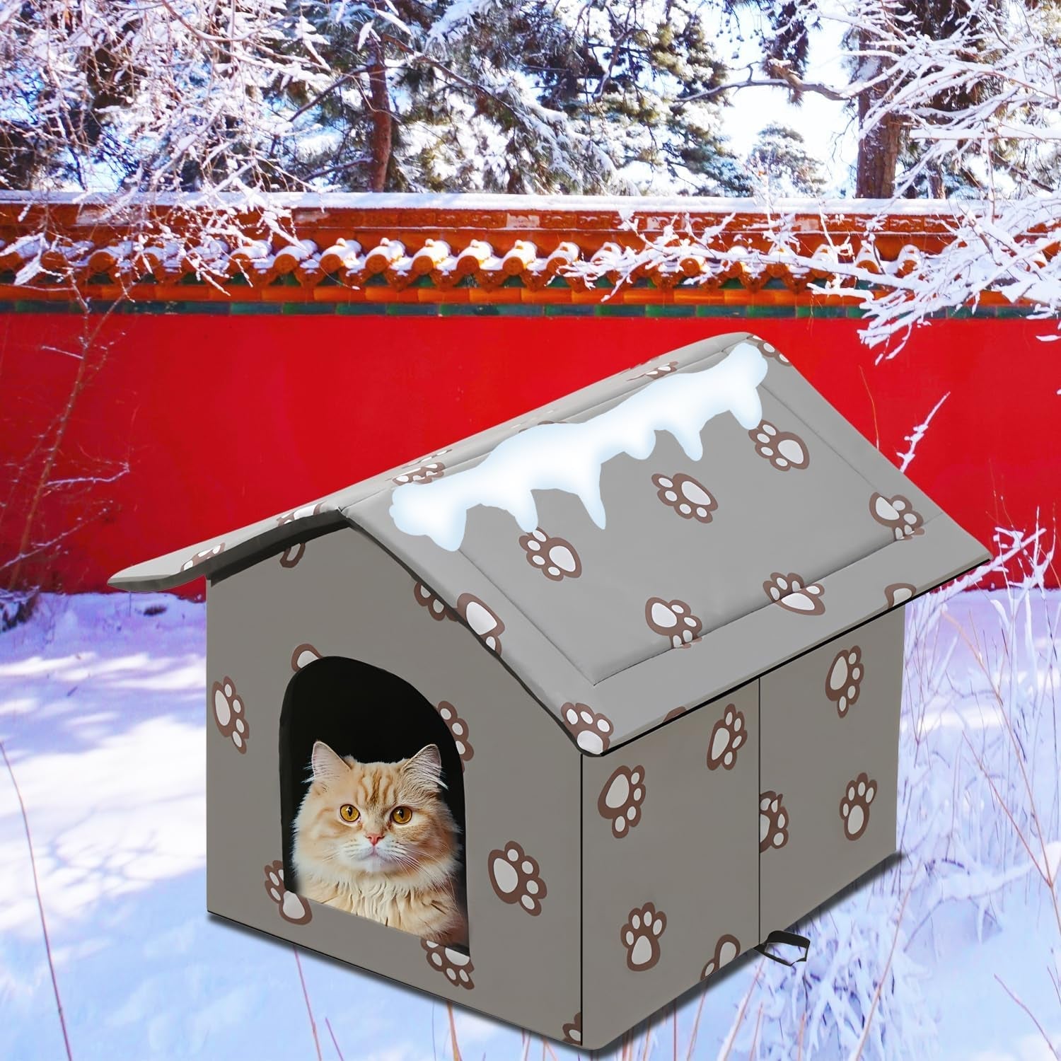 Katzenhaus für Draußen Winterfest und Wasserdicht, Faltbare Outdoor Katzenhöhle mit Abnehmbarem Kissen, Wetterfestes Tierheim für Streuner und Haustiere, Waschbar e Isoliert (Graue Katzenpfote, M)