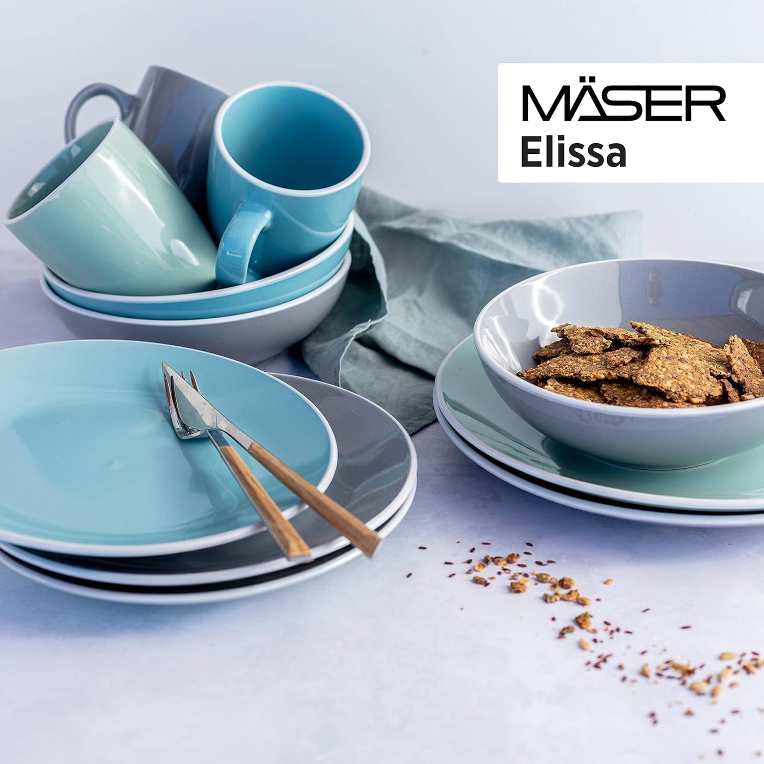 MÄSER 931844 Elissa Series Vajilla moderna para 6 personas, azul con borde blanco, juego combinado de 24 piezas, cerámica
