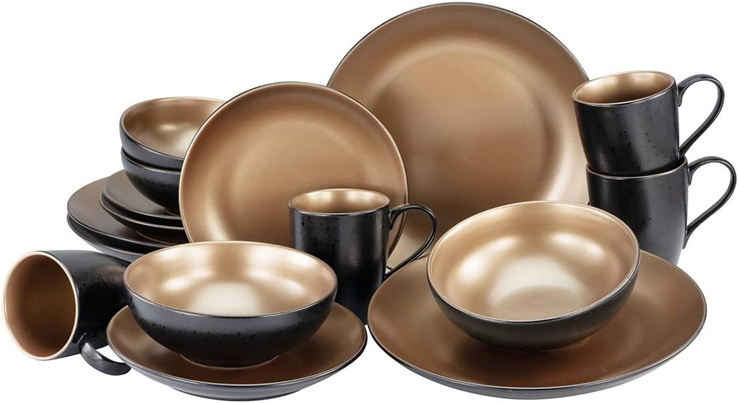 CreaTable, 23598, Serie GLAMOUR - Oro, Juego de vajilla de 16 piezas, Servicio combinado de porcelana, Apto para lavavajillas y microondas, Fabricación de calidad