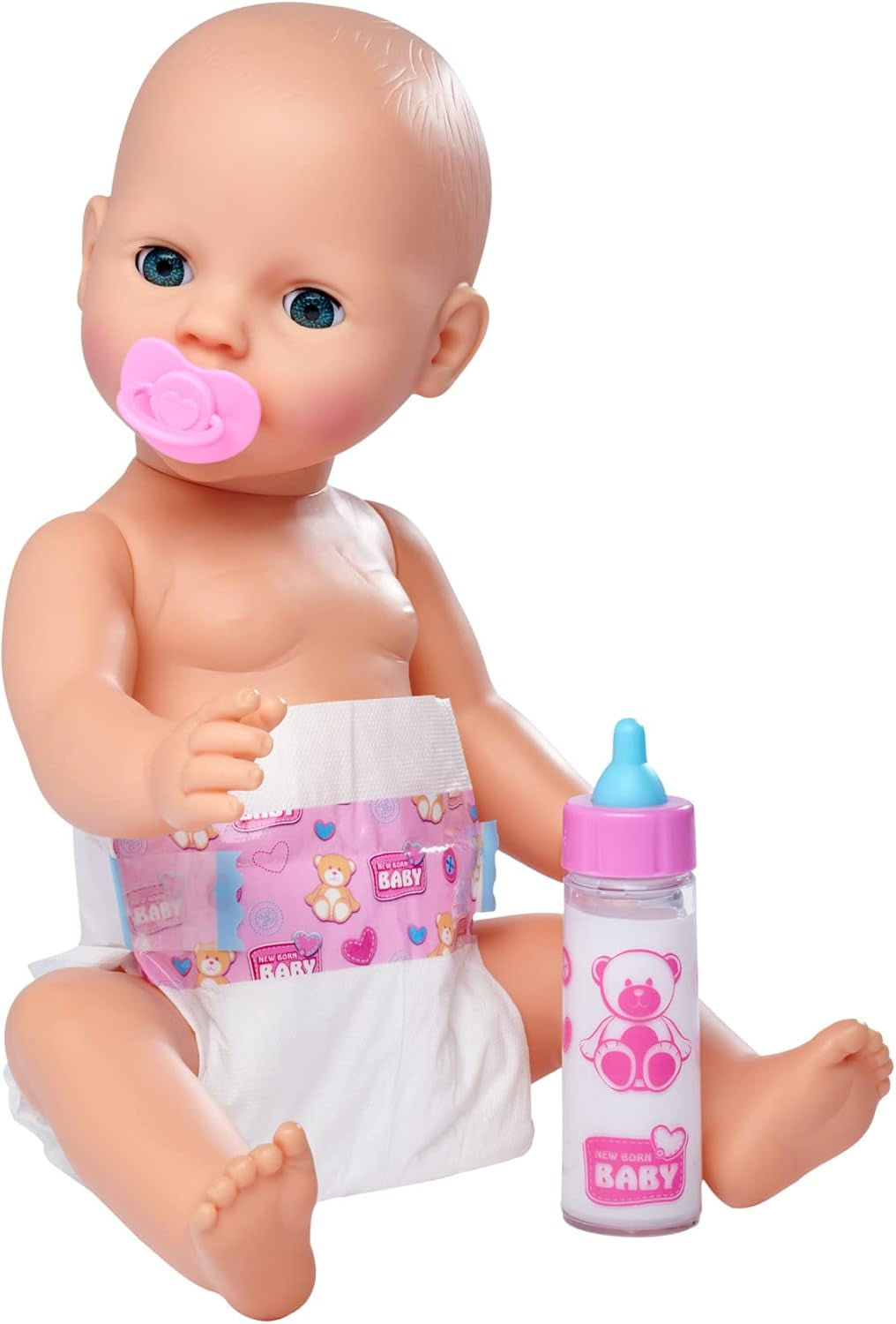 Simba 105562487 - Set Primera Lactancia Bebé Recién Nacido, chupete, pañal y biberón con contenido desmontable, para muñecos de 38-43cm Naty Shop Dolls